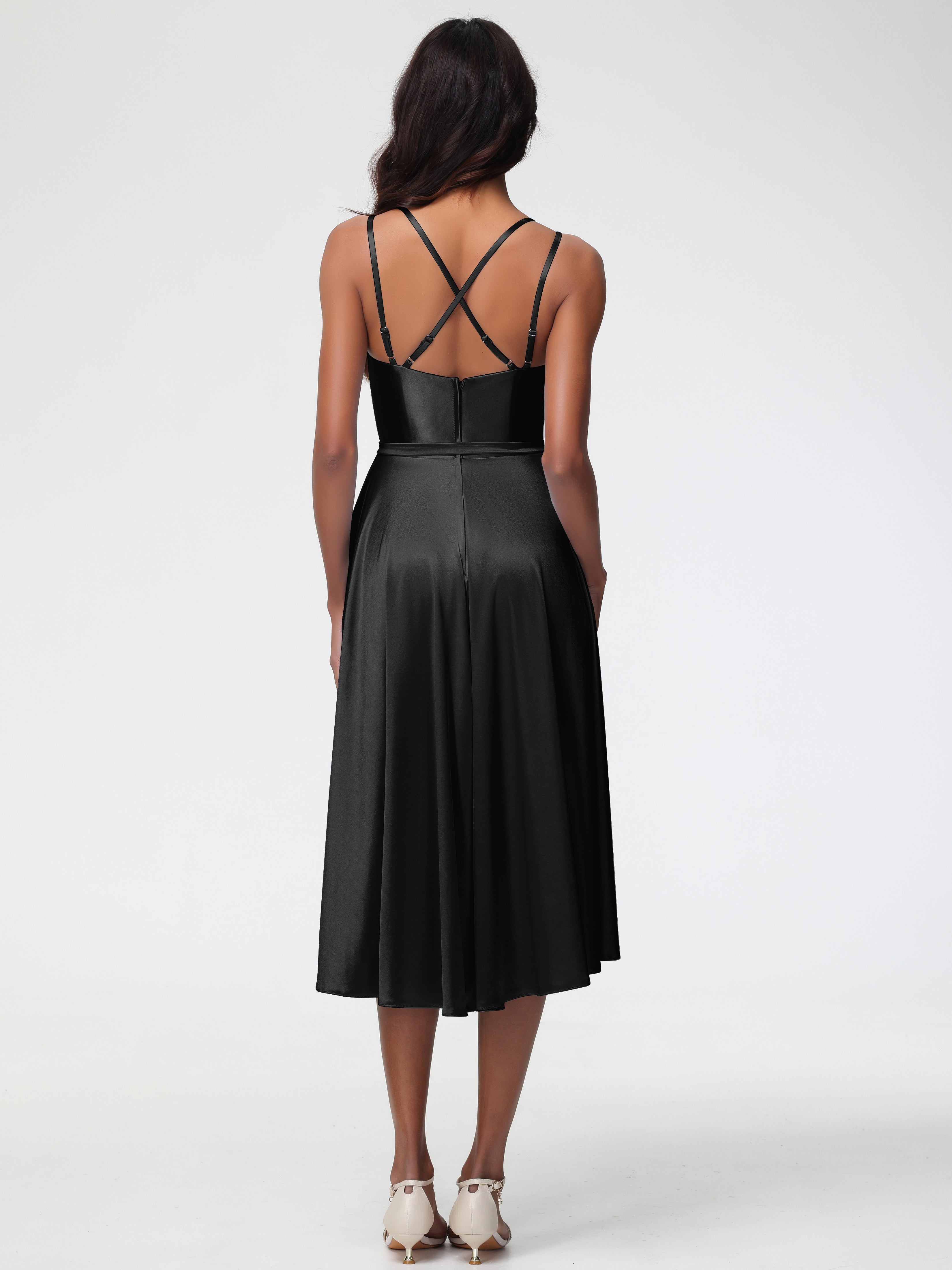 Demoiselle D Honneur Robe Noire Col Rond Satin Extensible Robe Demoiselle D Honneur Asymétrique Courte
