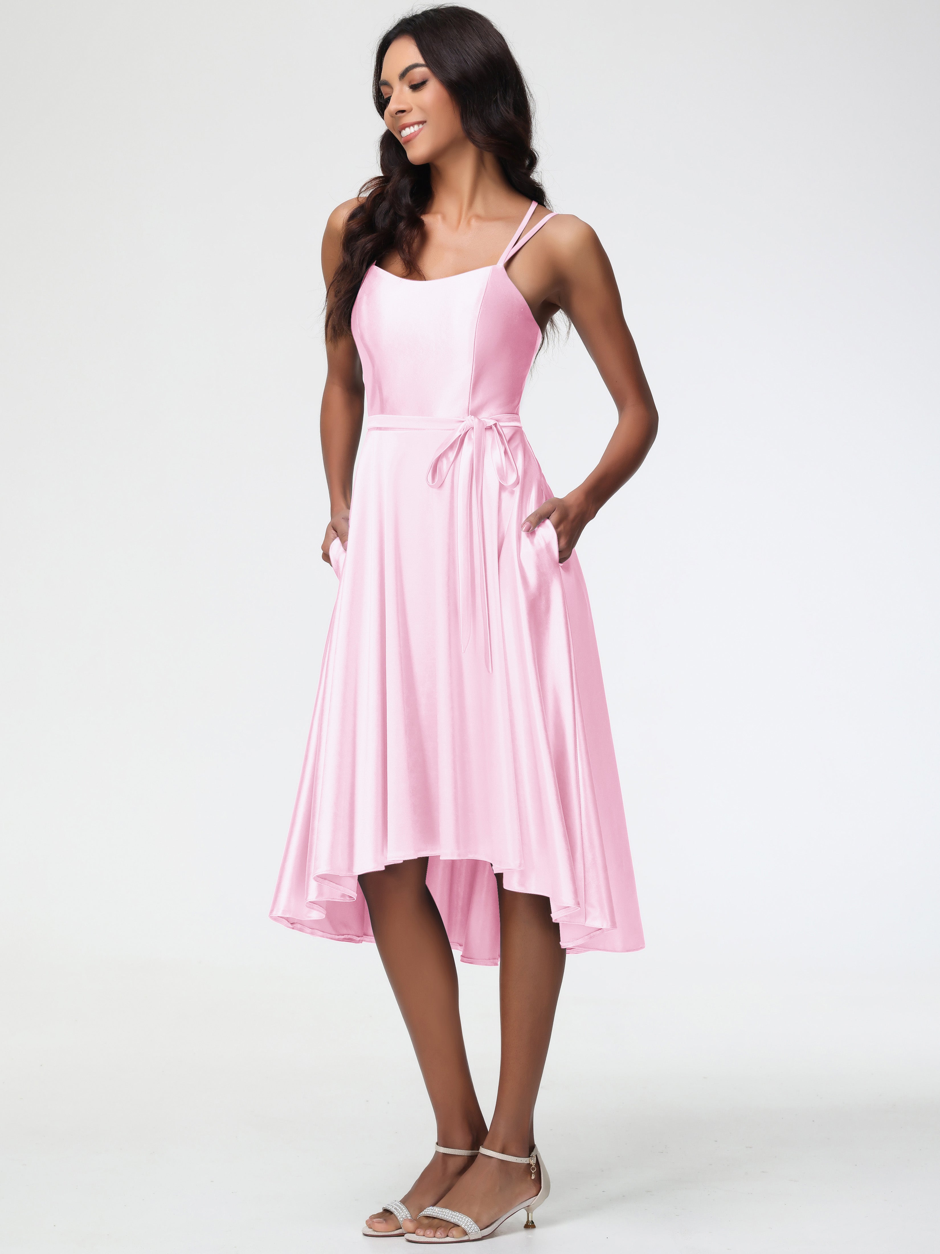 Robe Demoiselle Honneur Rose Pale Col Rond Satin Extensible Robe Demoiselle D Honneur Asymétrique Courte