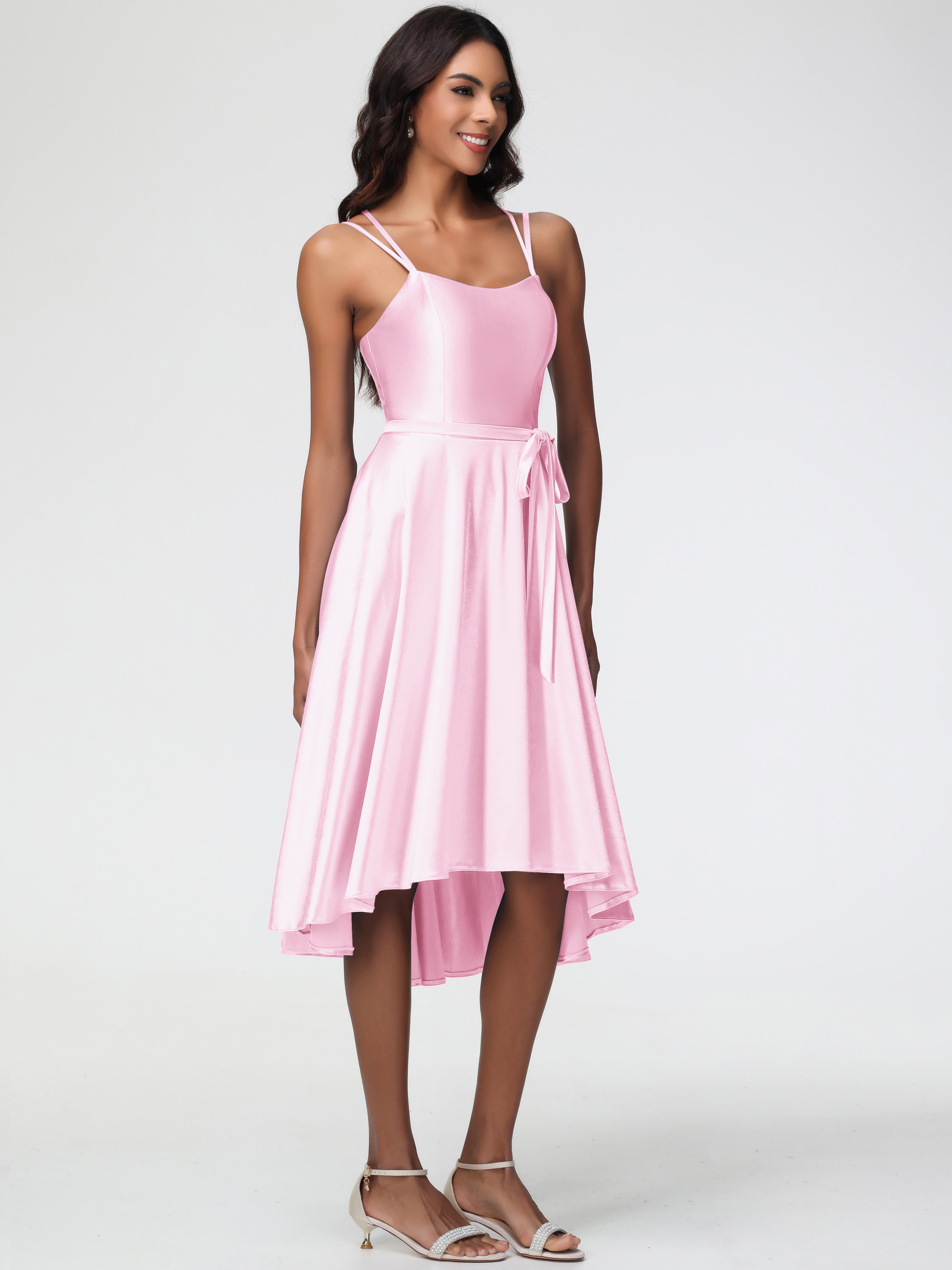 Robe Demoiselle Honneur Rose Pale Col Rond Satin Extensible Robe Demoiselle D Honneur Asymétrique Courte