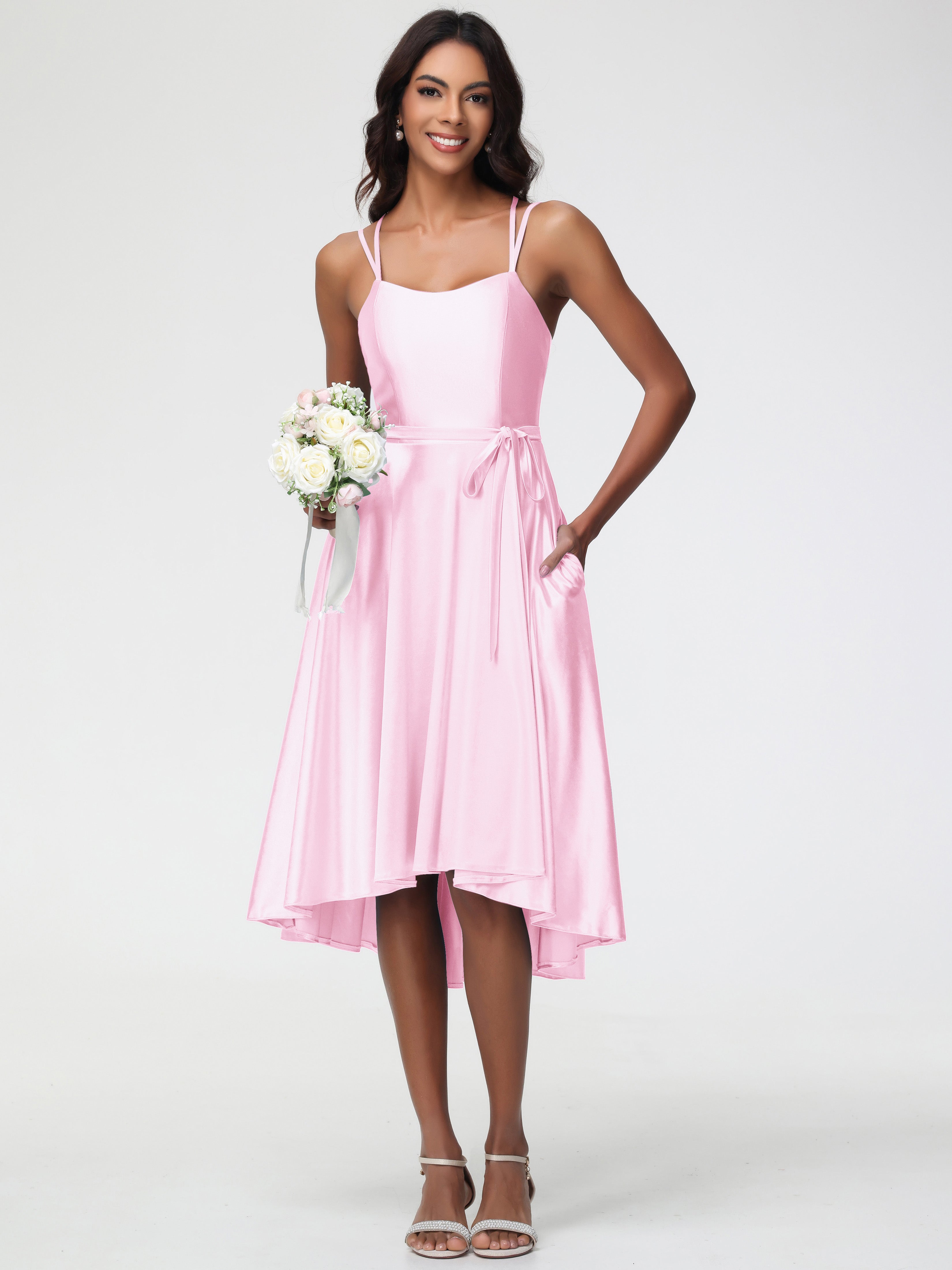 Robe Demoiselle Honneur Rose Pale Col Rond Satin Extensible Robe Demoiselle D Honneur Asymétrique Courte