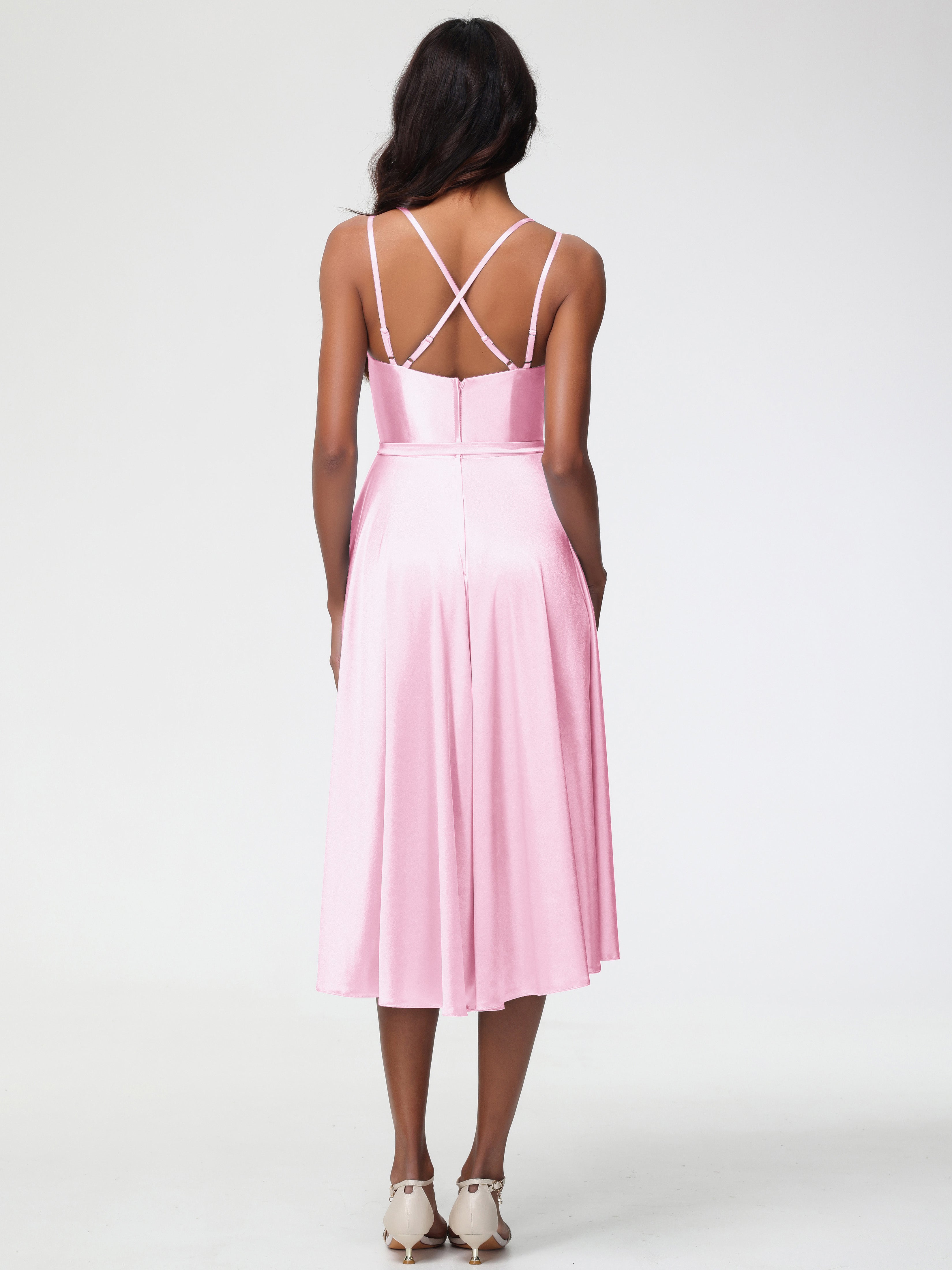 Robe Demoiselle Honneur Rose Pale Col Rond Satin Extensible Robe Demoiselle D Honneur Asymétrique Courte