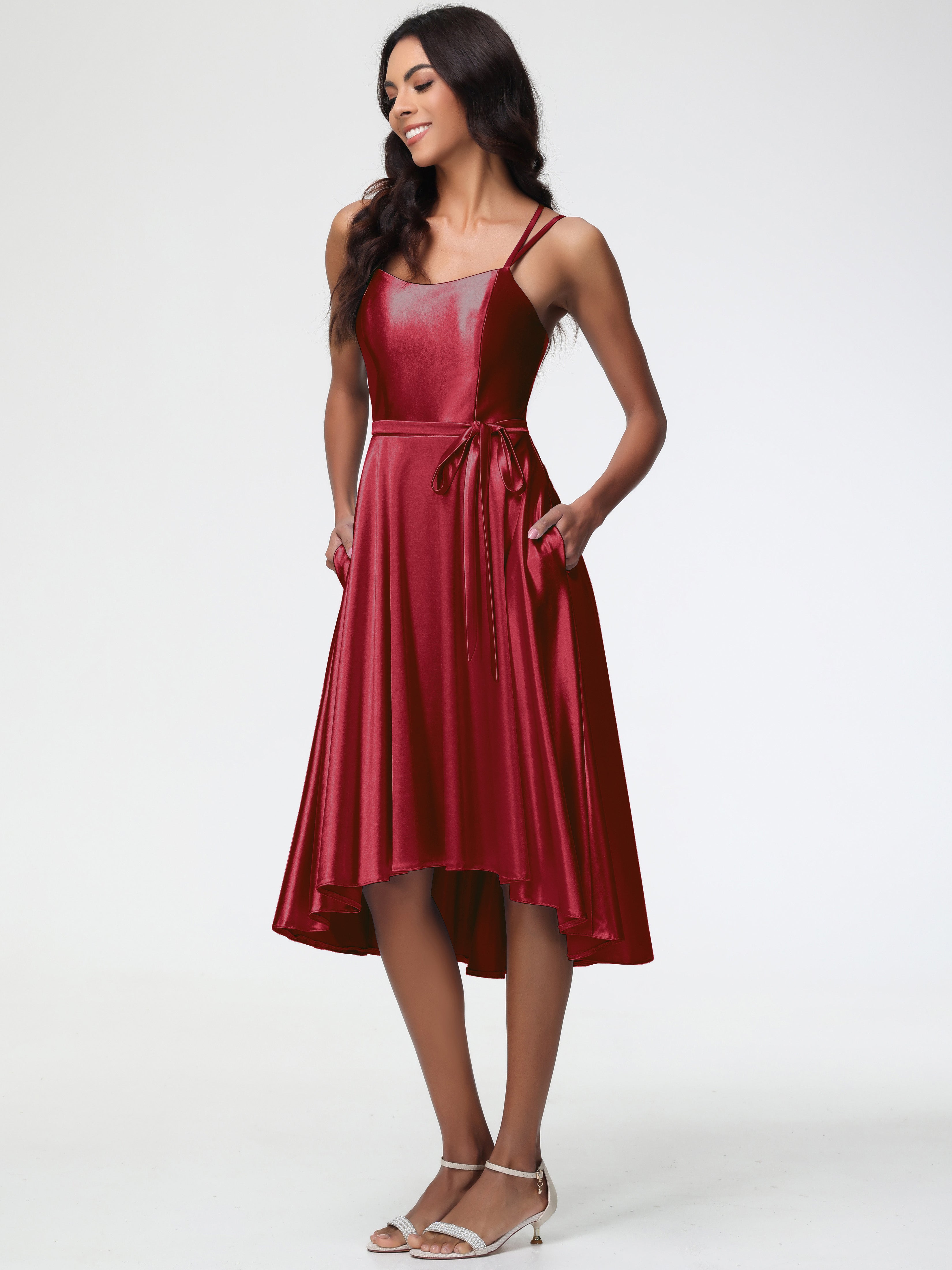 Robe Rouge Bordeaux Demoiselle D Honneur Col Rond Satin Extensible Robe Demoiselle D Honneur Asymétrique Courte