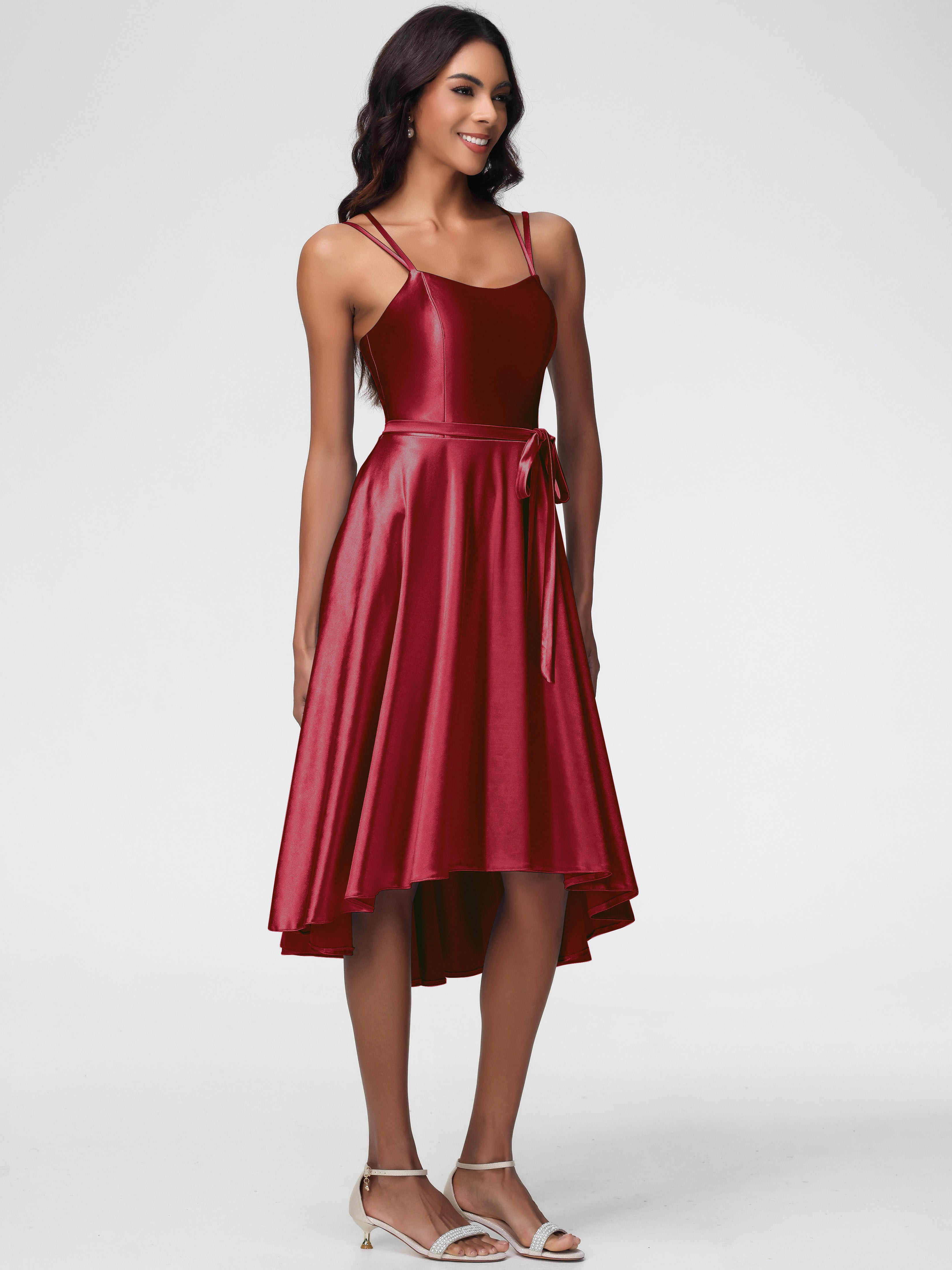Robe Rouge Bordeaux Demoiselle D Honneur Col Rond Satin Extensible Robe Demoiselle D Honneur Asymétrique Courte