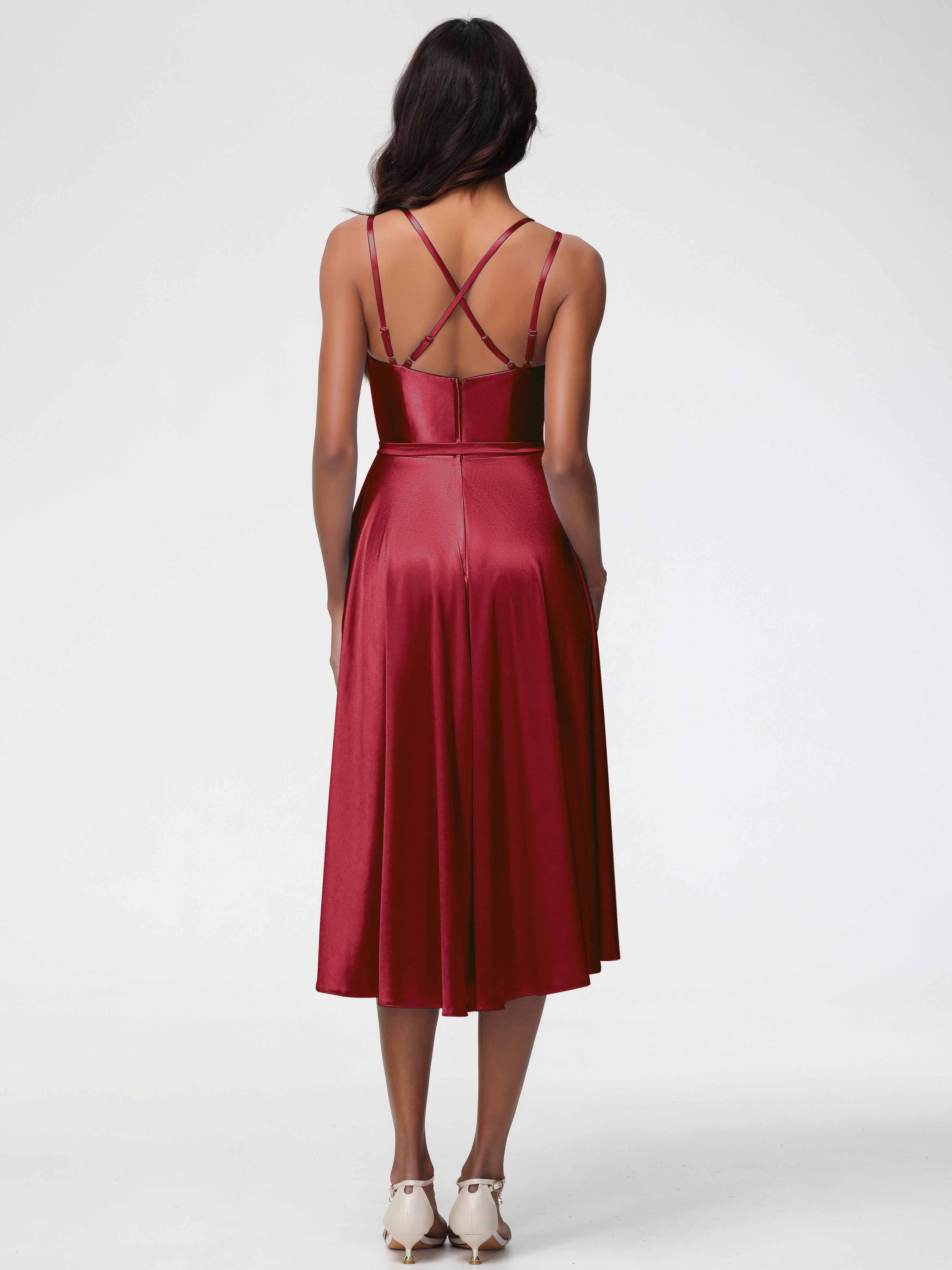 Robe Rouge Bordeaux Demoiselle D Honneur Col Rond Satin Extensible Robe Demoiselle D Honneur Asymétrique Courte