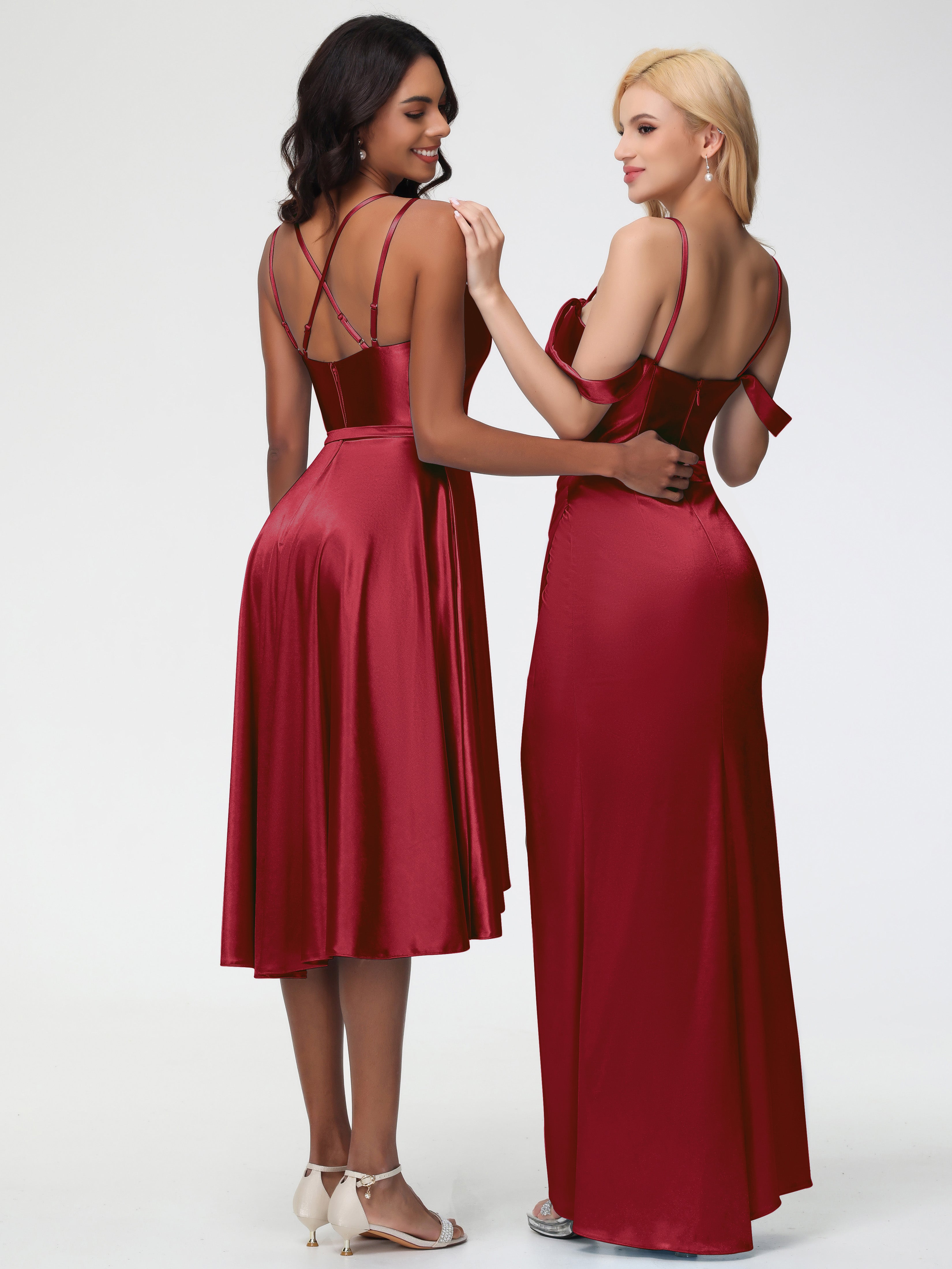 Robe Rouge Bordeaux Demoiselle D Honneur Col Rond Satin Extensible Robe Demoiselle D Honneur Asymétrique Courte