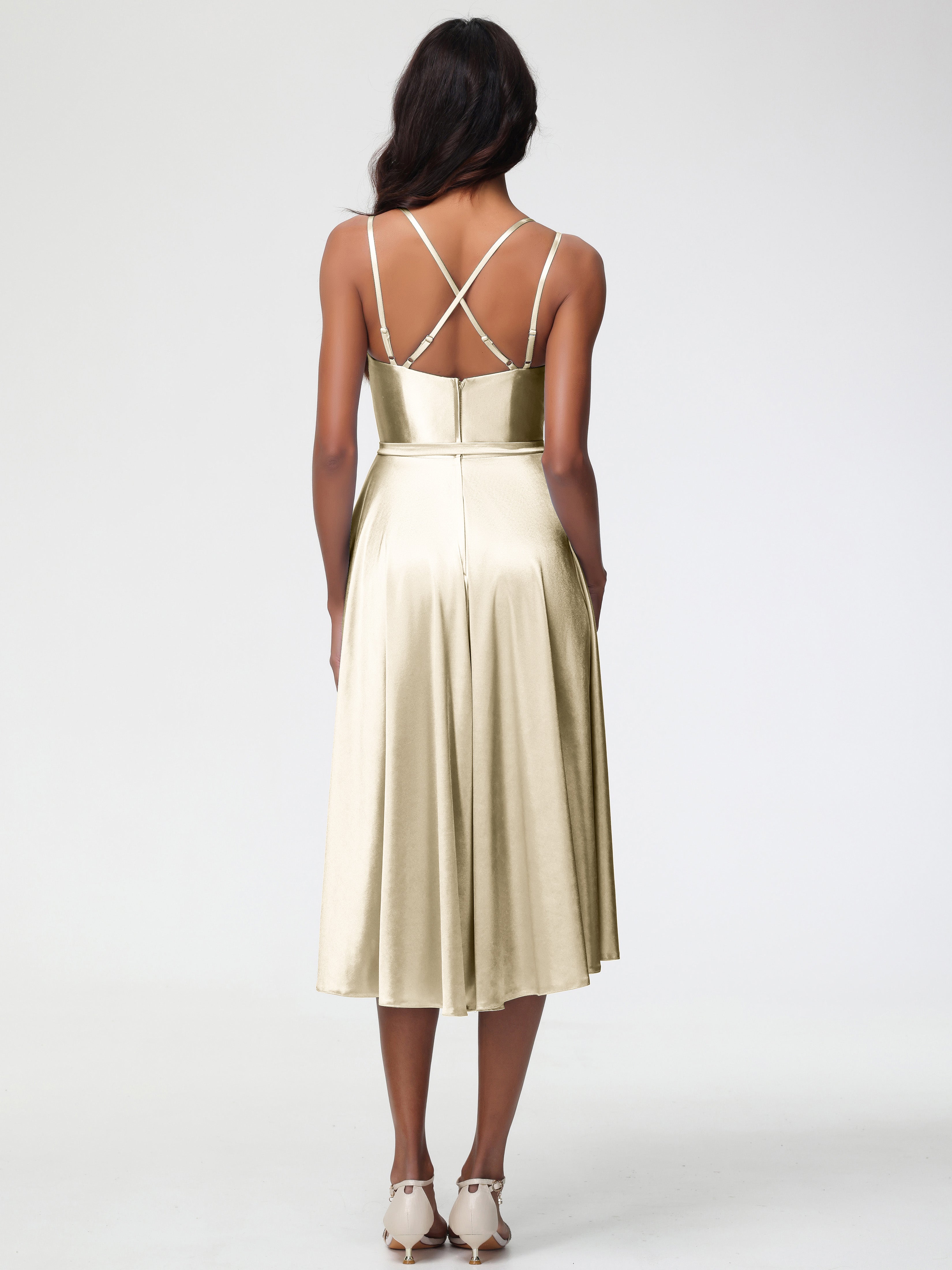 Demoiselle Dhonneur Robe Champagne Col Rond Satin Extensible Robe Demoiselle D Honneur Asymétrique Courte