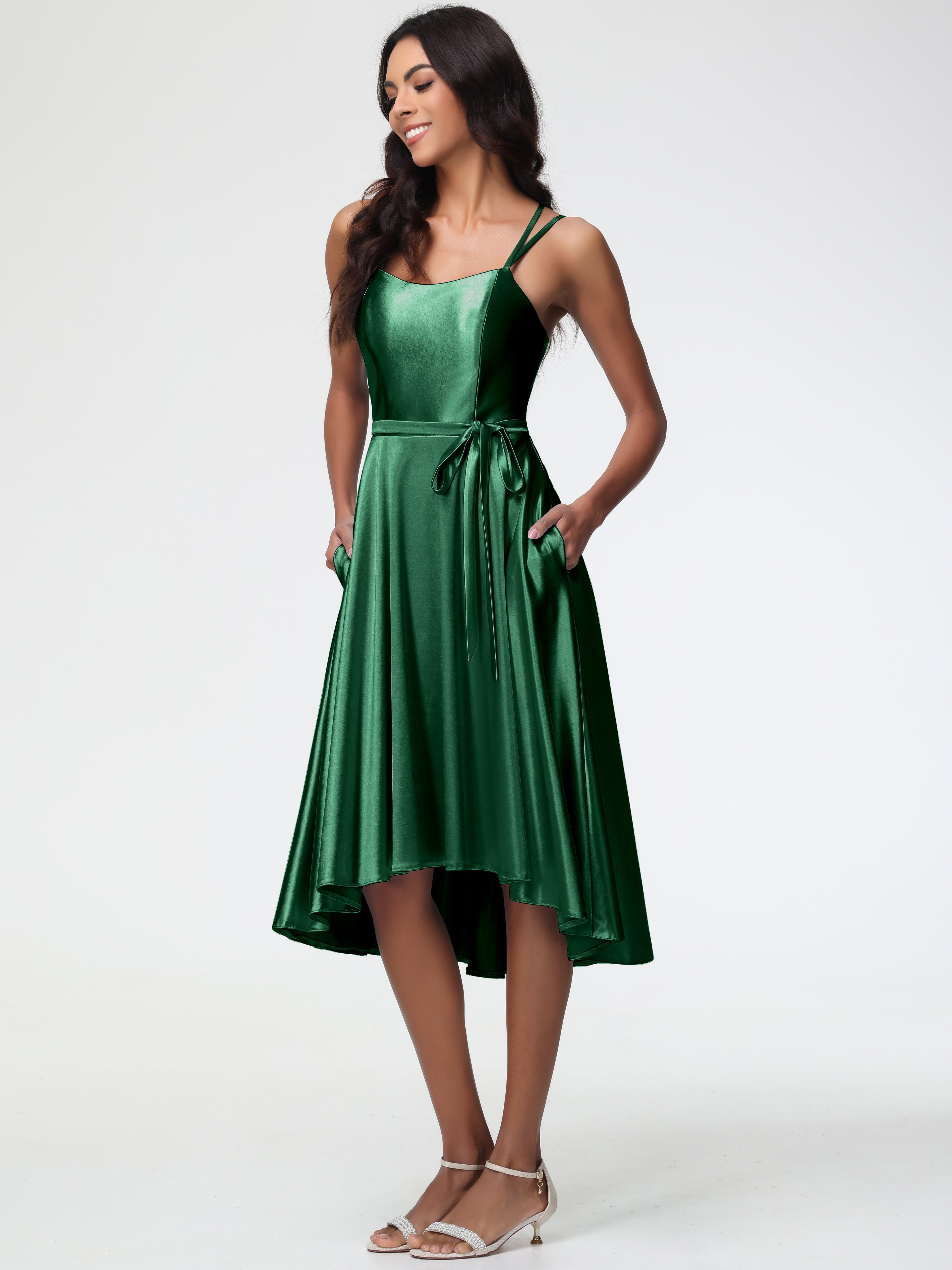Robe Demoiselle D Honneur Vert Fonce Col Rond Satin Extensible Robe Demoiselle D Honneur Asymétrique Courte