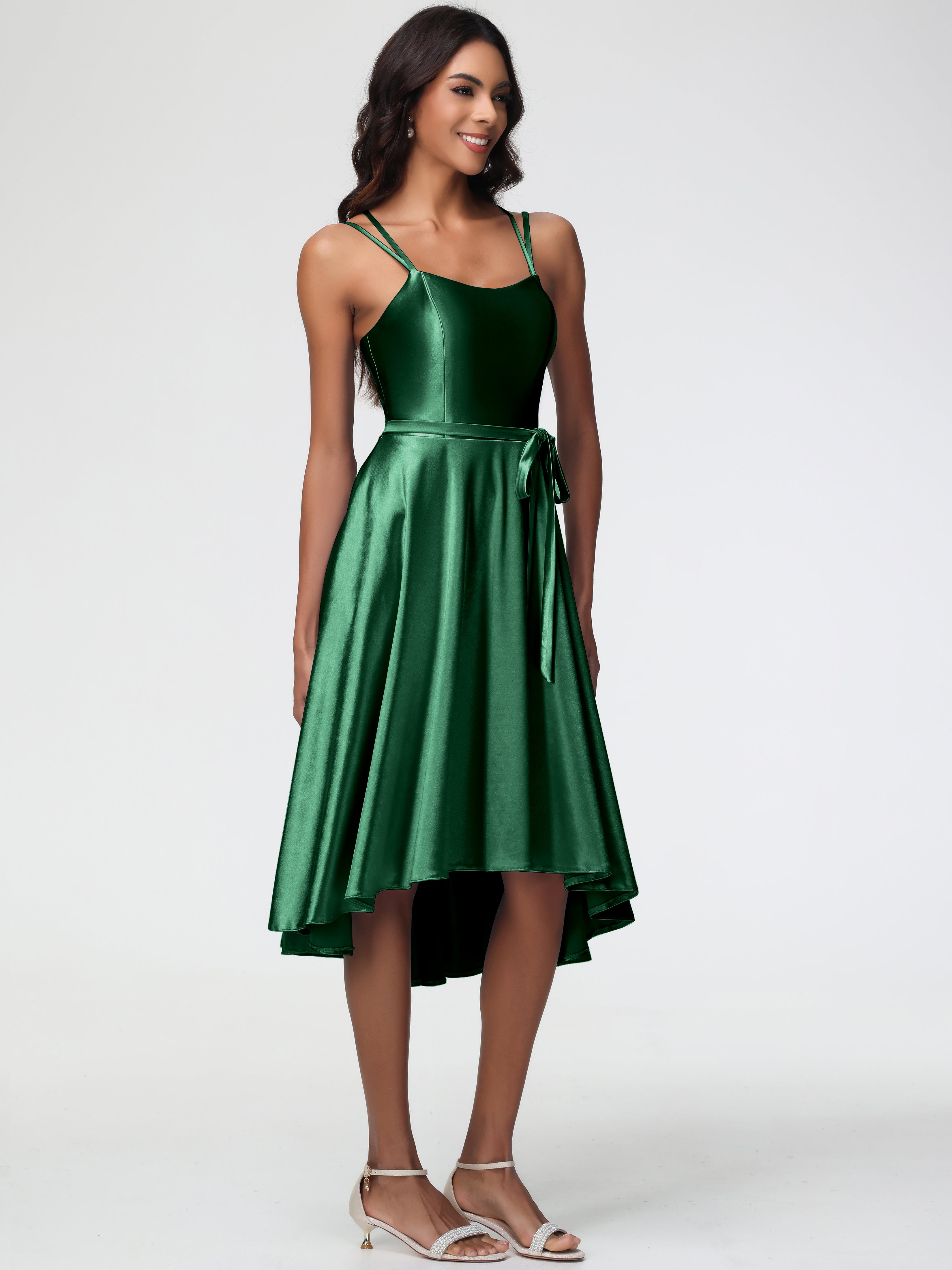 Robe Demoiselle D Honneur Vert Fonce Col Rond Satin Extensible Robe Demoiselle D Honneur Asymétrique Courte
