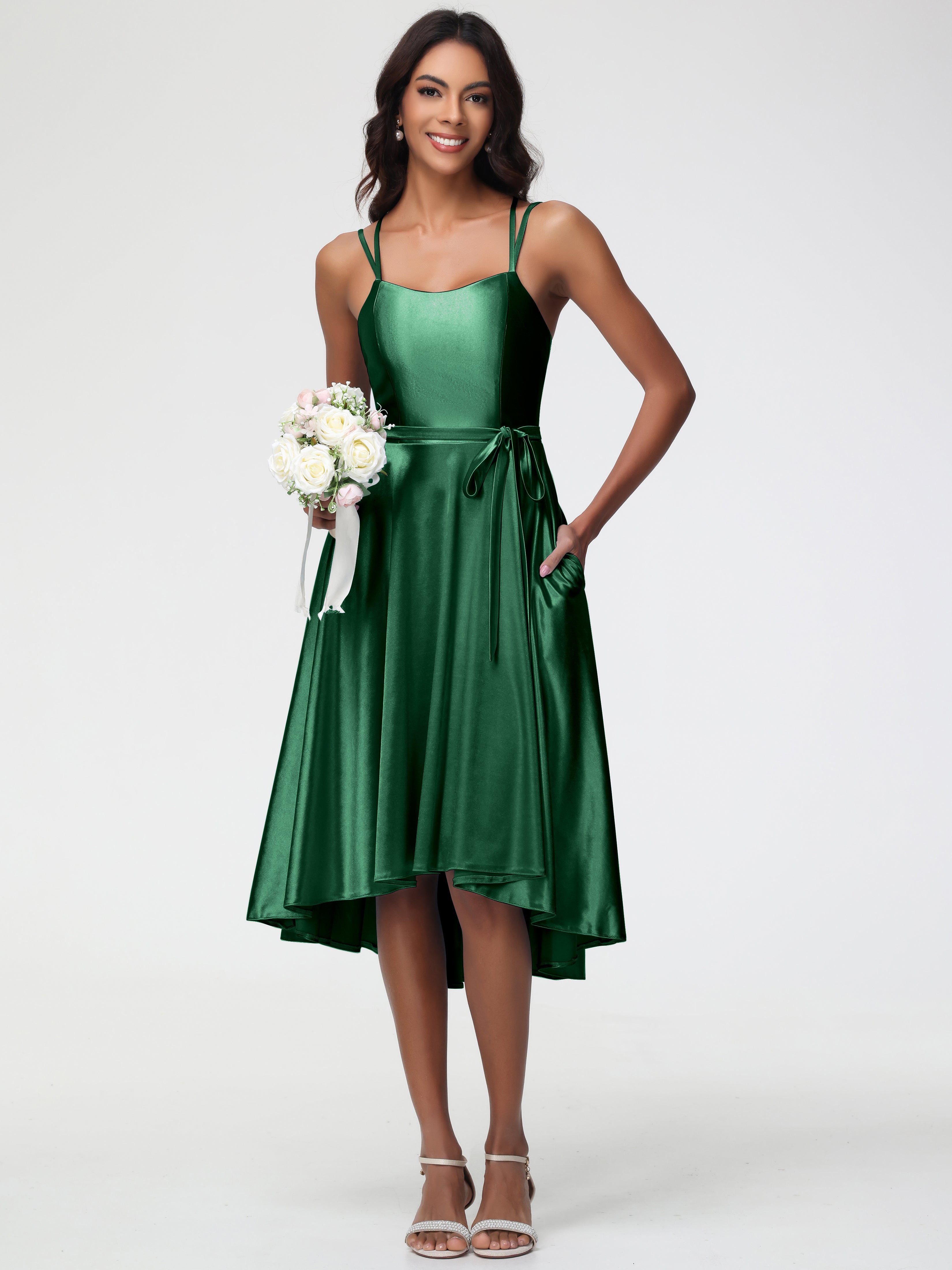 Robe Demoiselle D Honneur Vert Fonce Col Rond Satin Extensible Robe Demoiselle D Honneur Asymétrique Courte