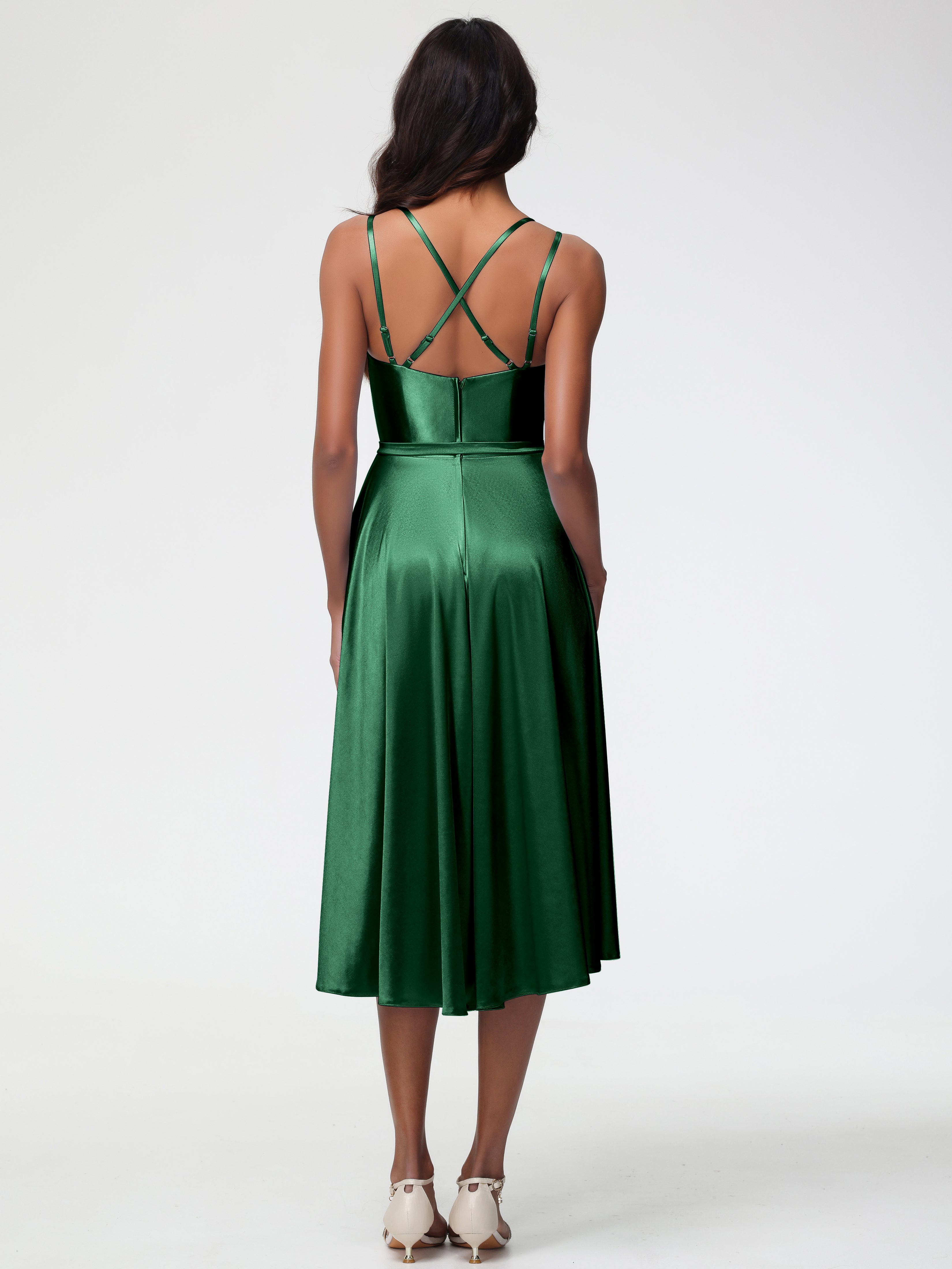 Robe Demoiselle D Honneur Vert Fonce Col Rond Satin Extensible Robe Demoiselle D Honneur Asymétrique Courte