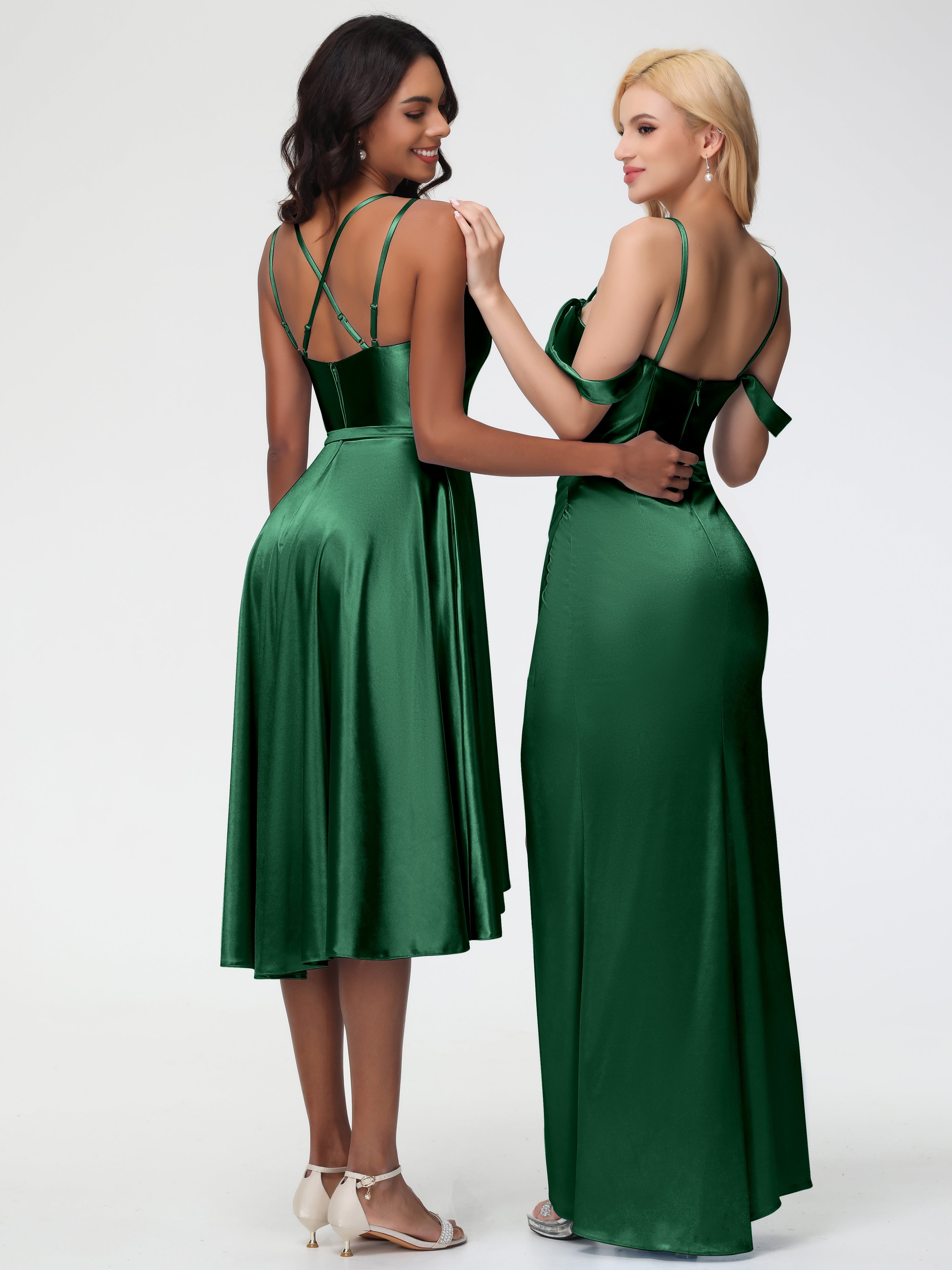 Robe Demoiselle D Honneur Vert Fonce Col Rond Satin Extensible Robe Demoiselle D Honneur Asymétrique Courte