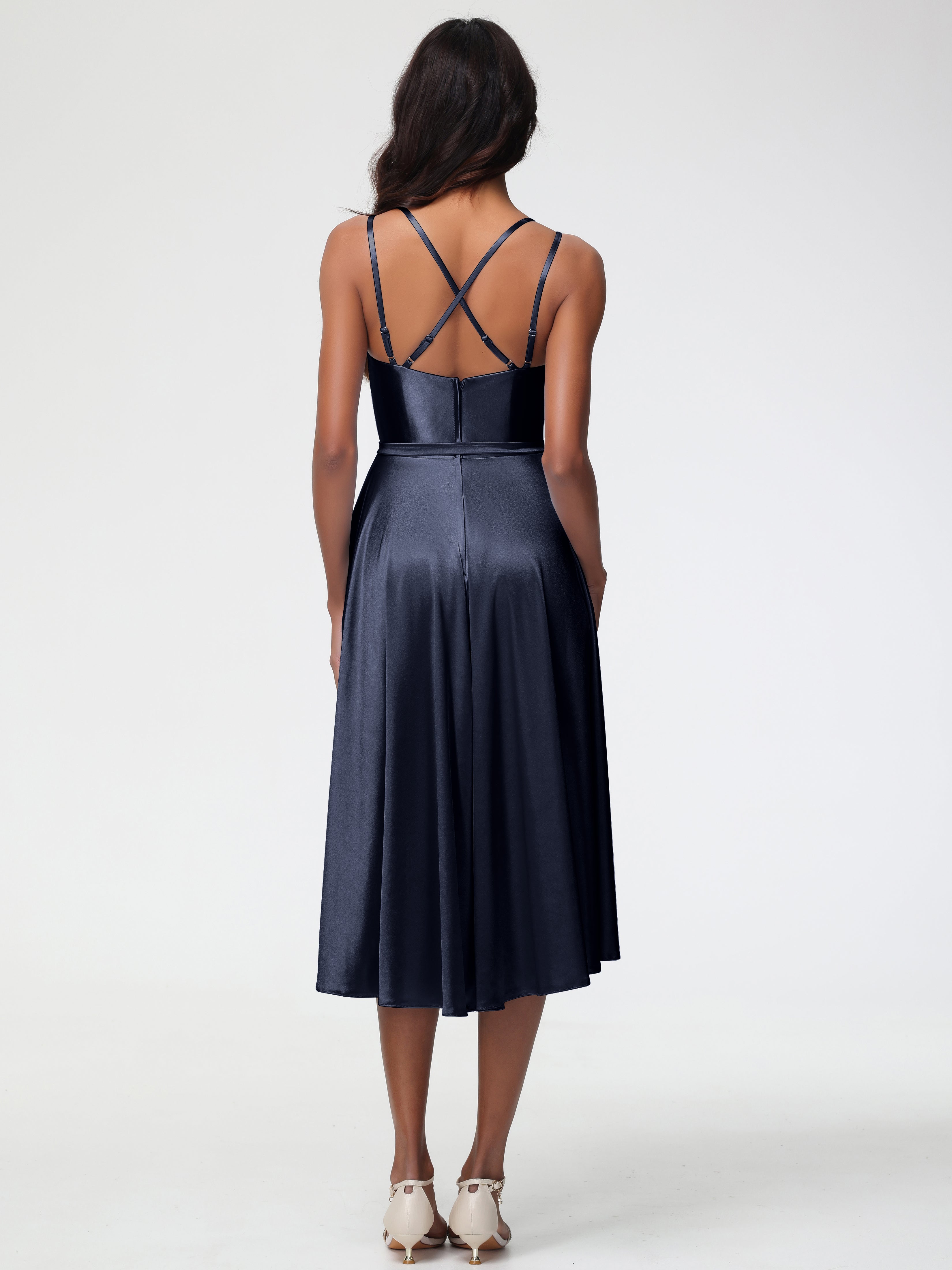 Robes De Demoiselle D'Honneur Bleu Marine Modestes Col Rond Satin Extensible Robe Demoiselle D Honneur Asymétrique Courte