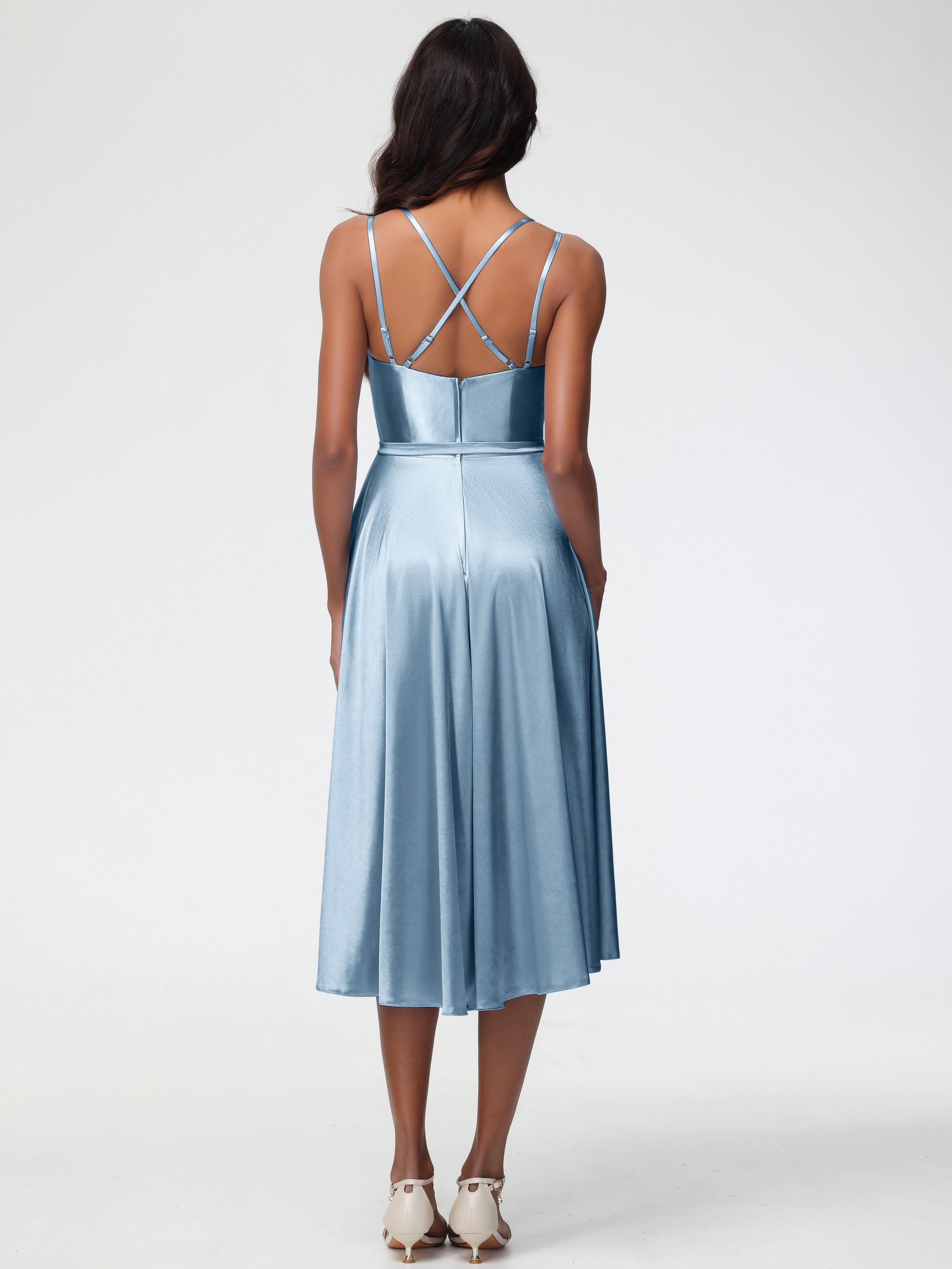 Robes De Demoiselle D'Honneur Bleu Poussiéreux Col Rond Satin Extensible Robe Demoiselle D Honneur Asymétrique Courte