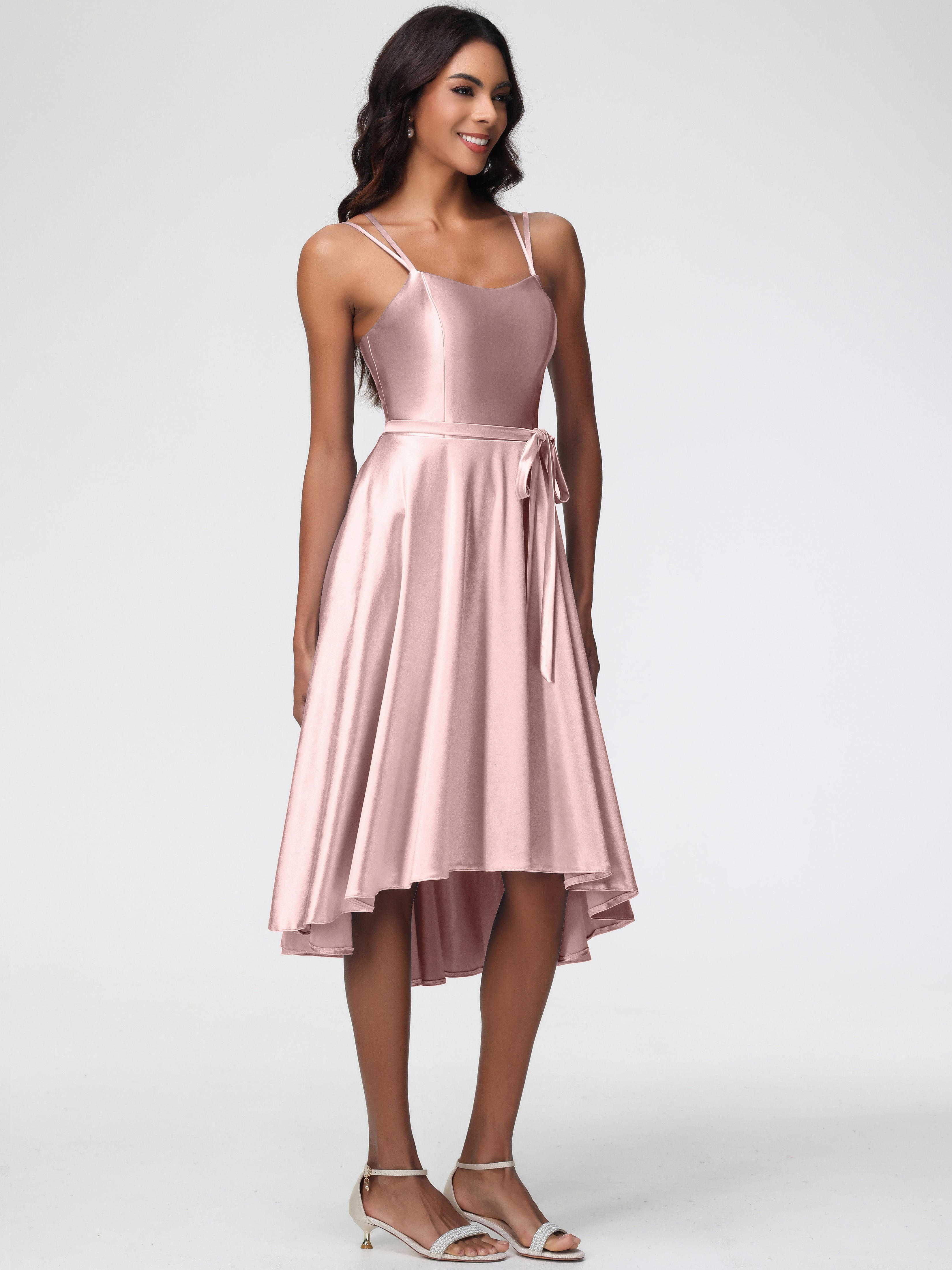 Robes Demoiselle D Honneur Rose Poudré Col Rond Satin Extensible Robe Demoiselle D Honneur Asymétrique Courte
