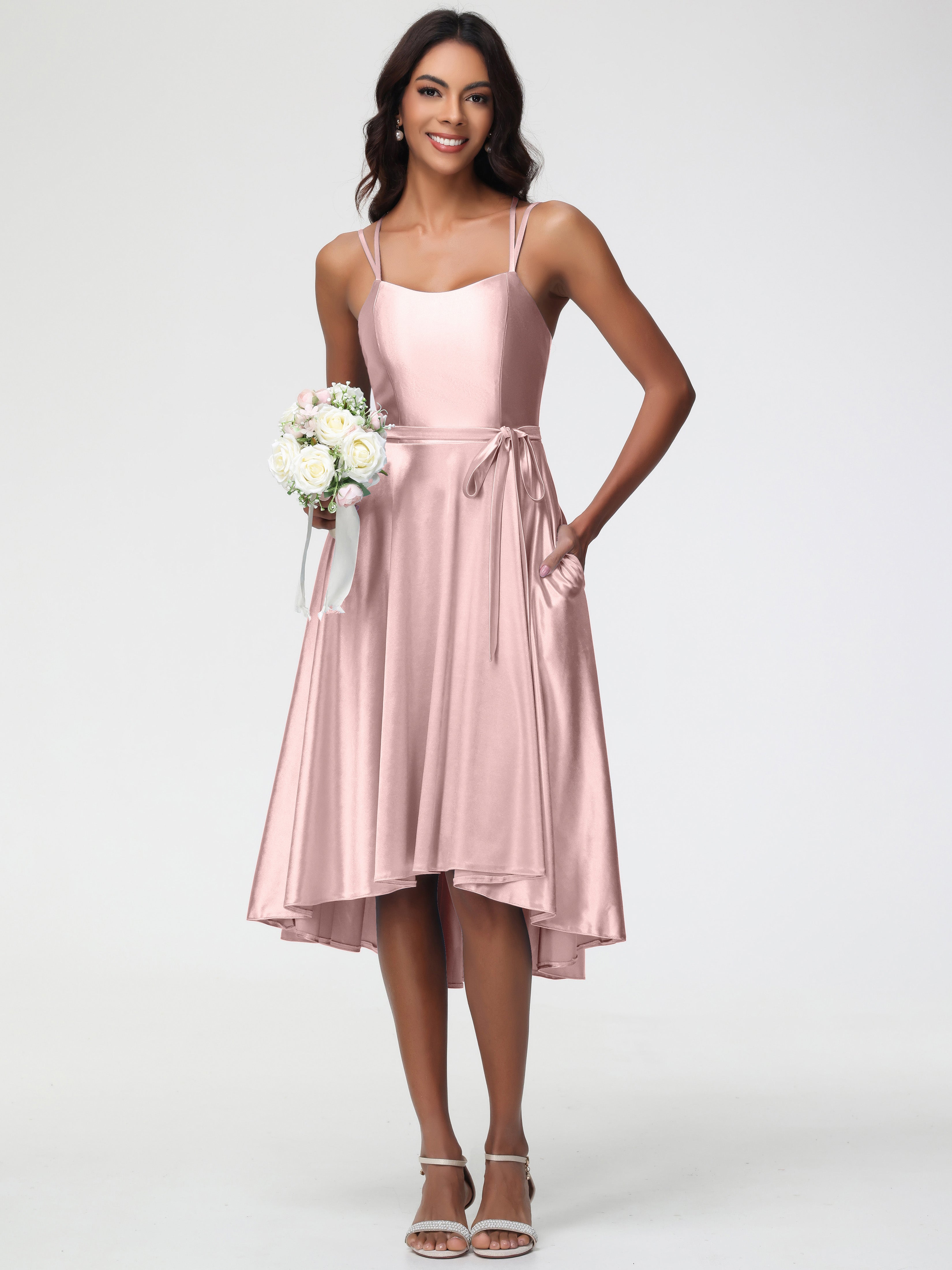 Robes Demoiselle D Honneur Rose Poudré Col Rond Satin Extensible Robe Demoiselle D Honneur Asymétrique Courte