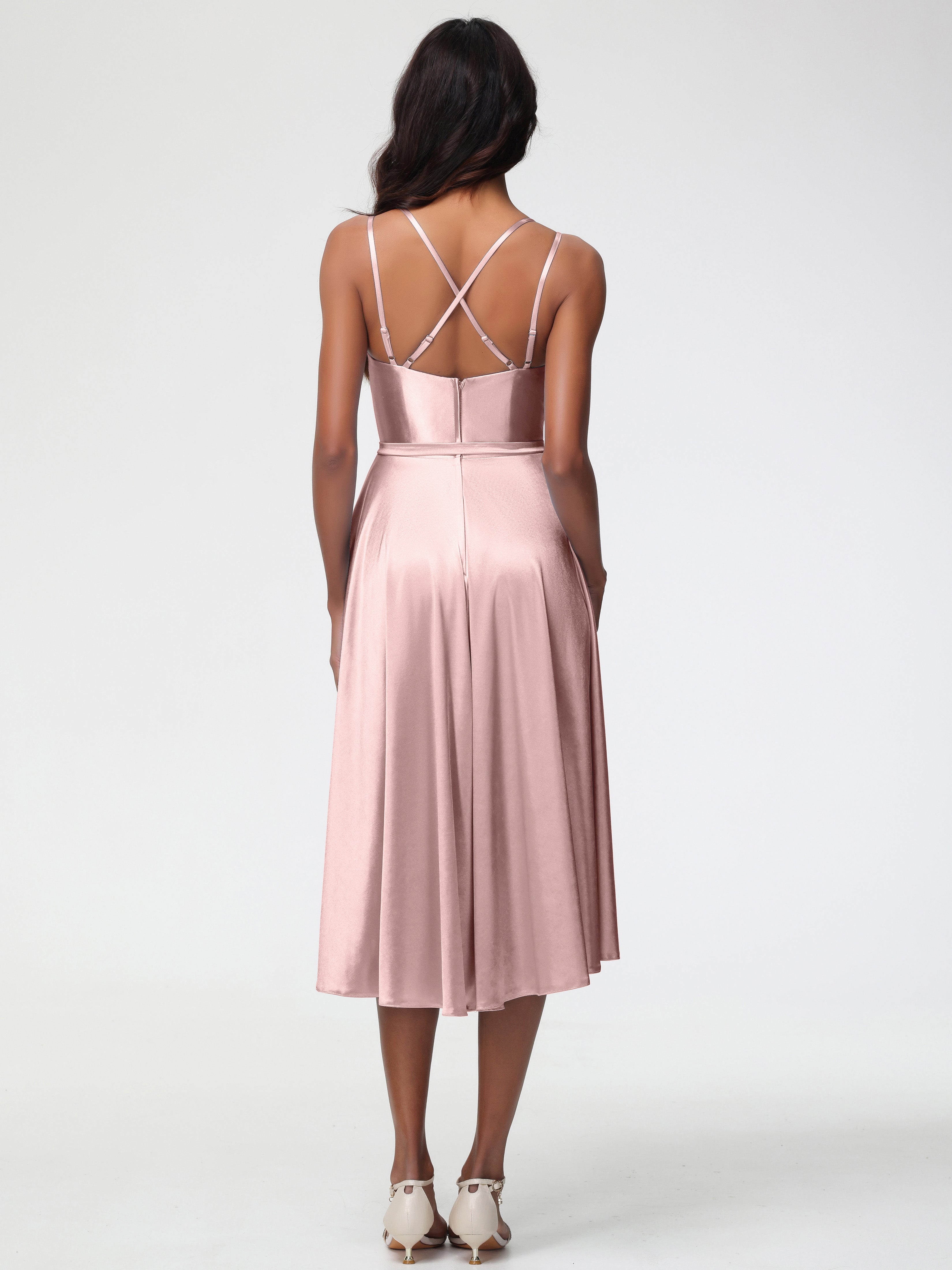 Robes Demoiselle D Honneur Rose Poudré Col Rond Satin Extensible Robe Demoiselle D Honneur Asymétrique Courte
