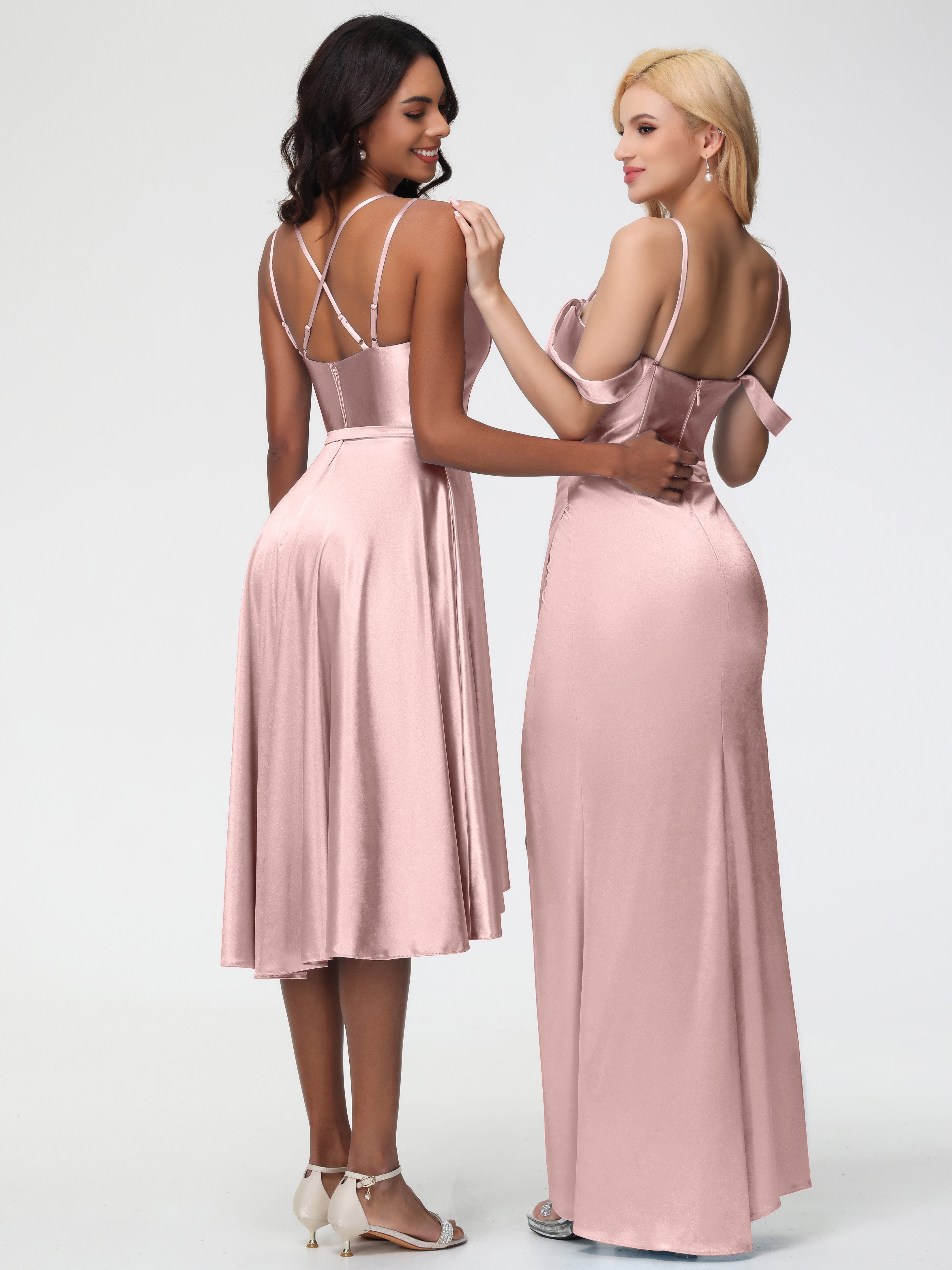Robes Demoiselle D Honneur Rose Poudré Col Rond Satin Extensible Robe Demoiselle D Honneur Asymétrique Courte