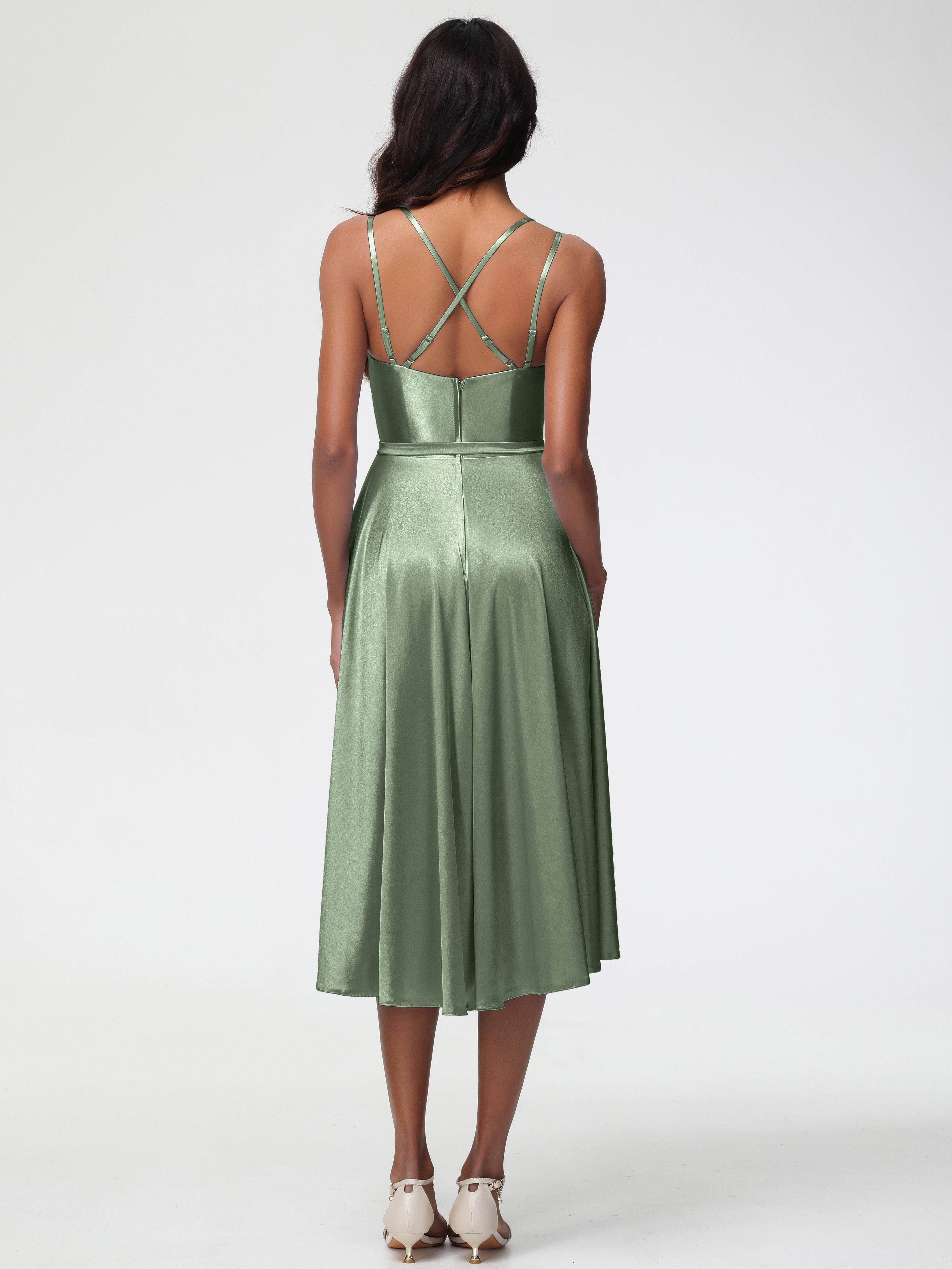 Sauge Poussiéreuse De Demoiselle D'Honneur Col Rond Satin Extensible Robe Demoiselle D Honneur Asymétrique Courte