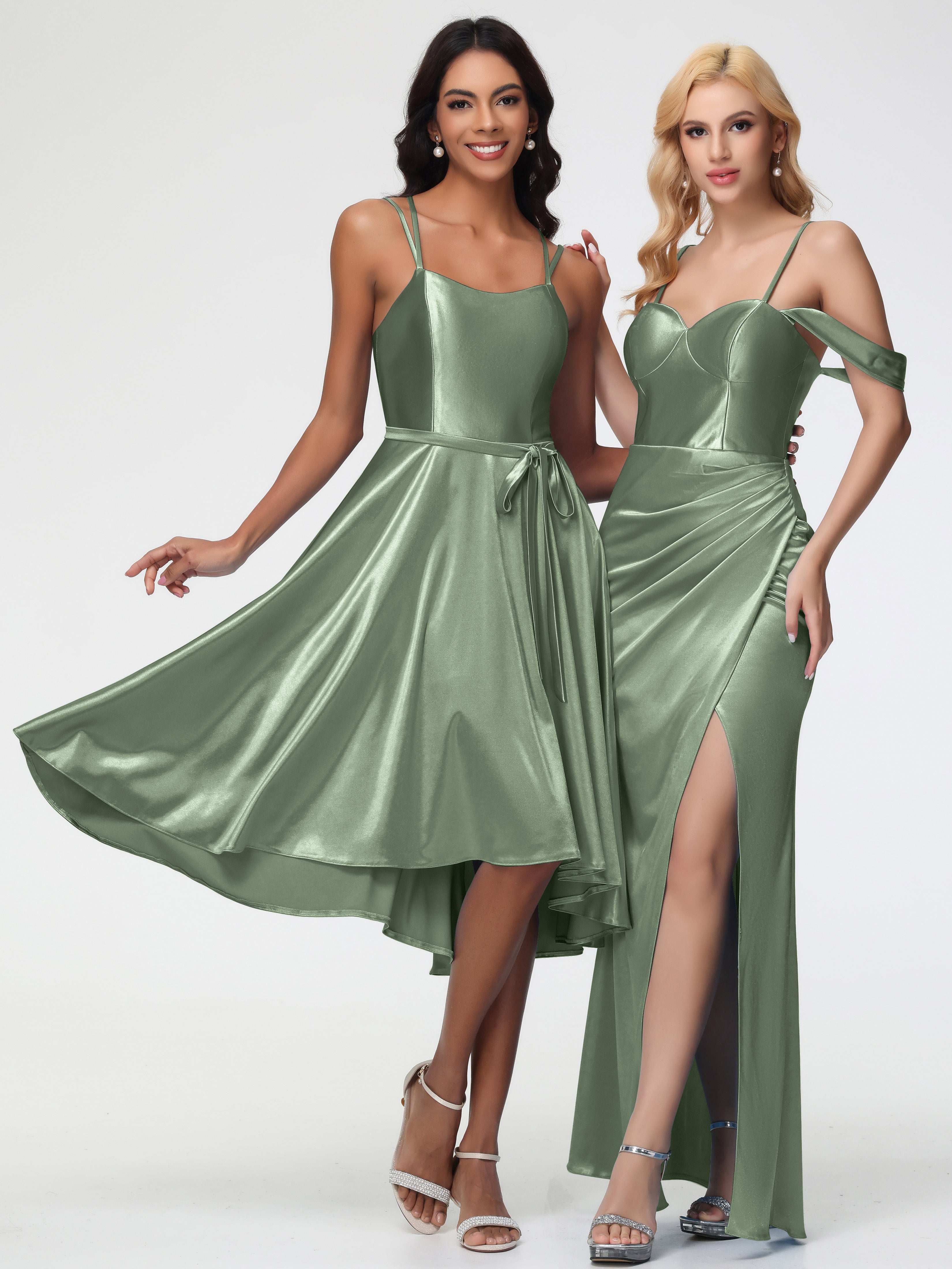Sauge Poussiéreuse De Demoiselle D'Honneur Col Rond Satin Extensible Robe Demoiselle D Honneur Asymétrique Courte