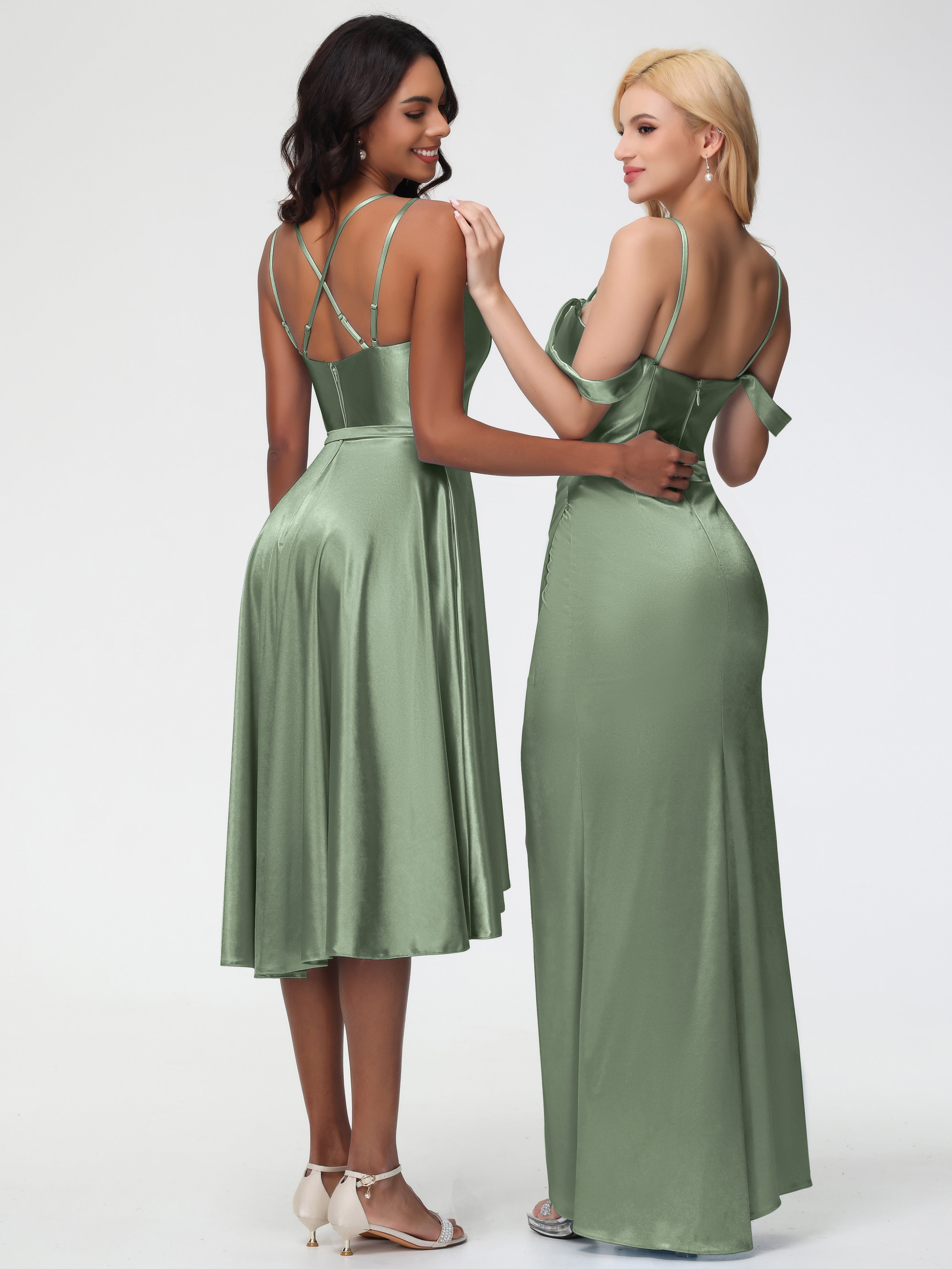 Sauge Poussiéreuse De Demoiselle D'Honneur Col Rond Satin Extensible Robe Demoiselle D Honneur Asymétrique Courte