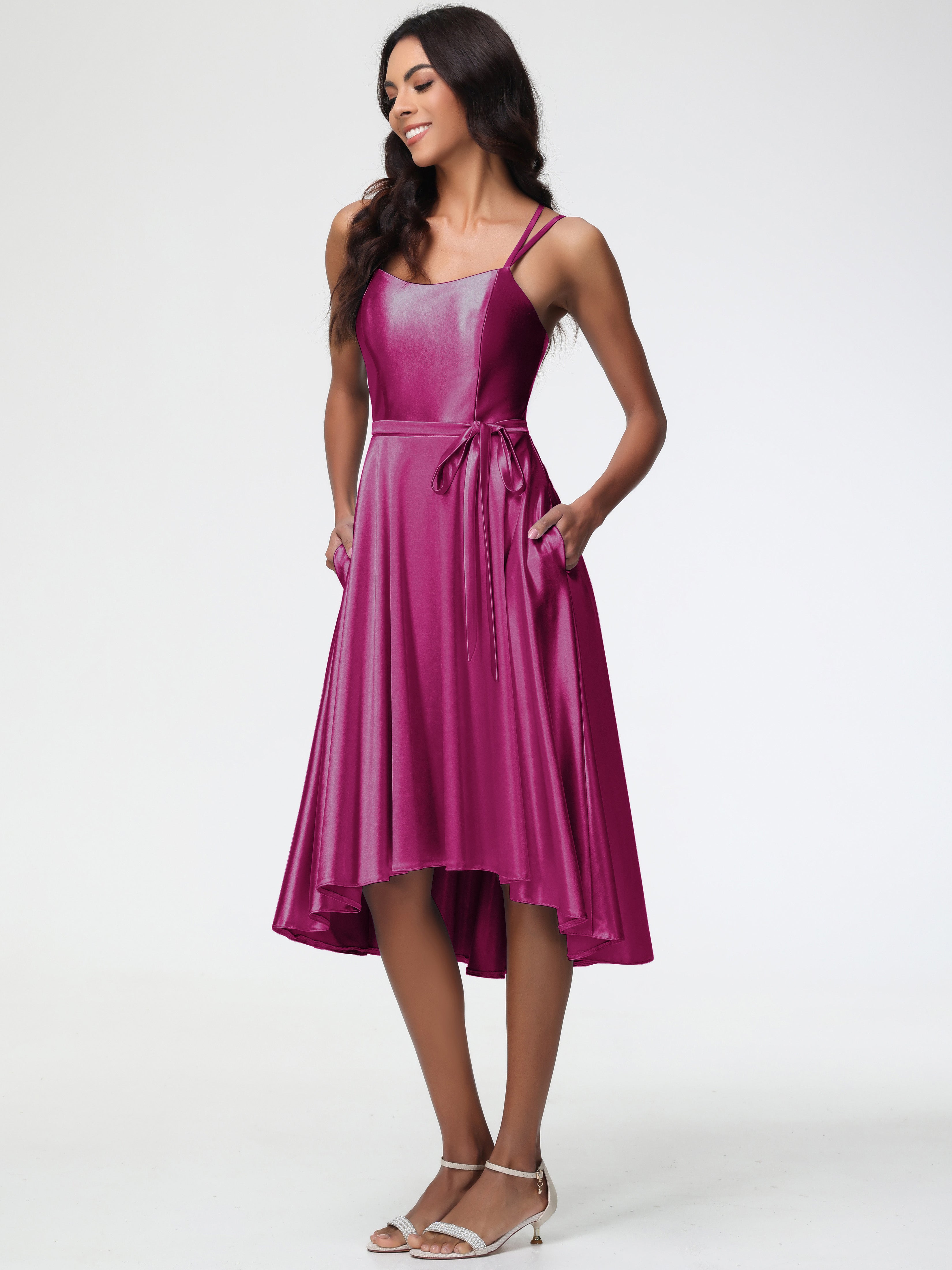 Robe Fuchsia Demoiselle D Honneur Col Rond Satin Extensible Robe Demoiselle D Honneur Asymétrique Courte