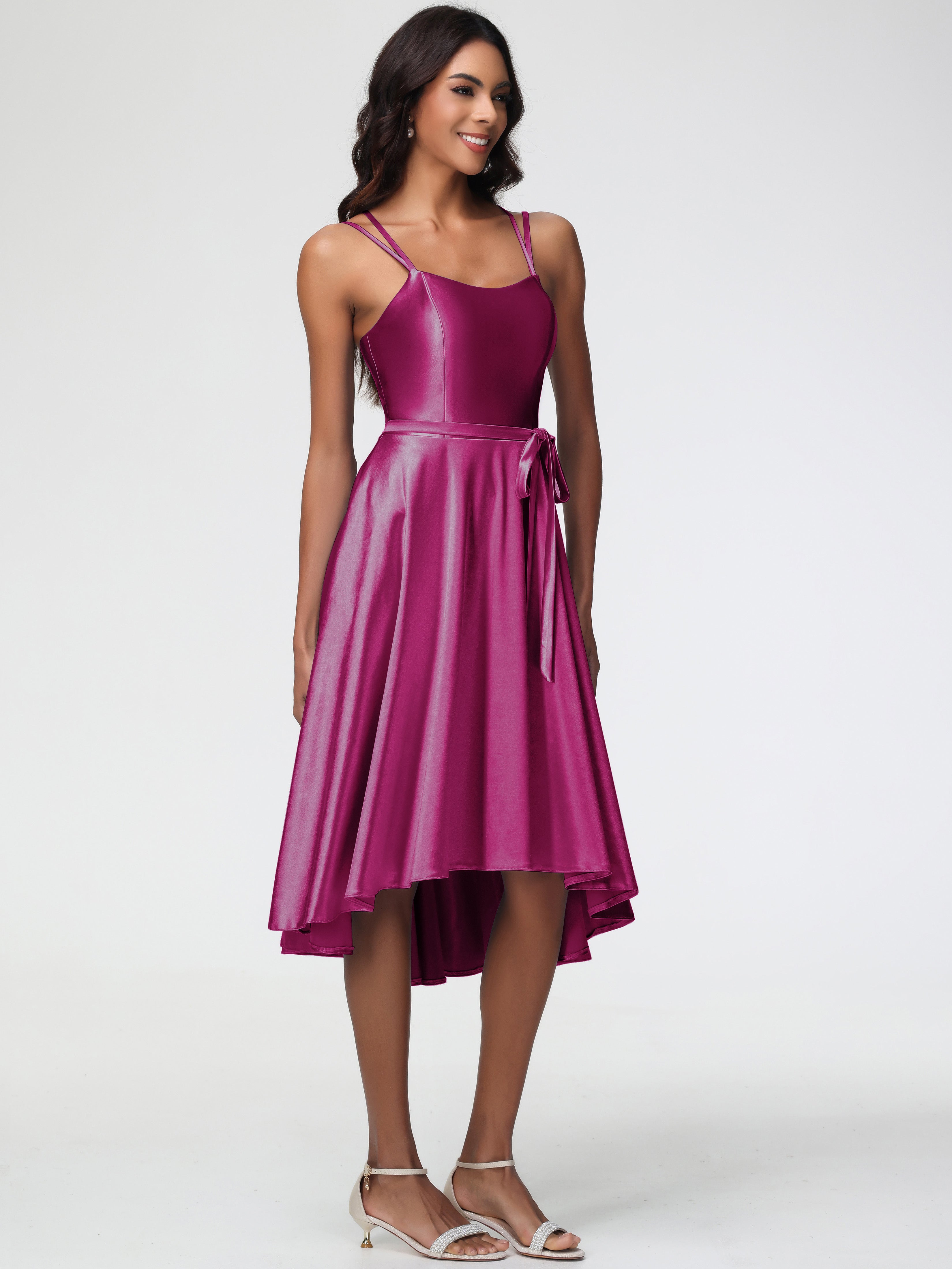 Robe Fuchsia Demoiselle D Honneur Col Rond Satin Extensible Robe Demoiselle D Honneur Asymétrique Courte