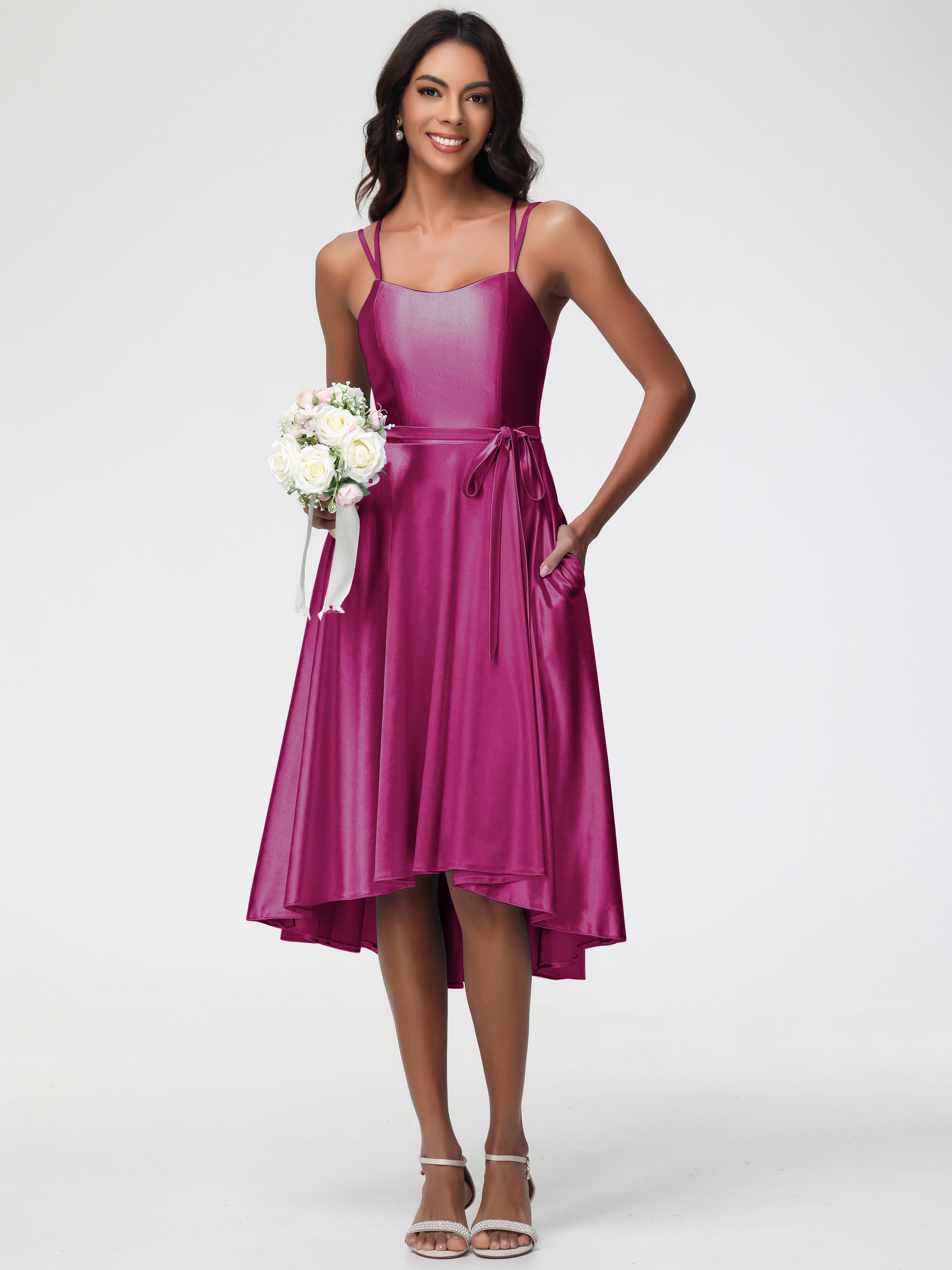 Robe Fuchsia Demoiselle D Honneur Col Rond Satin Extensible Robe Demoiselle D Honneur Asymétrique Courte