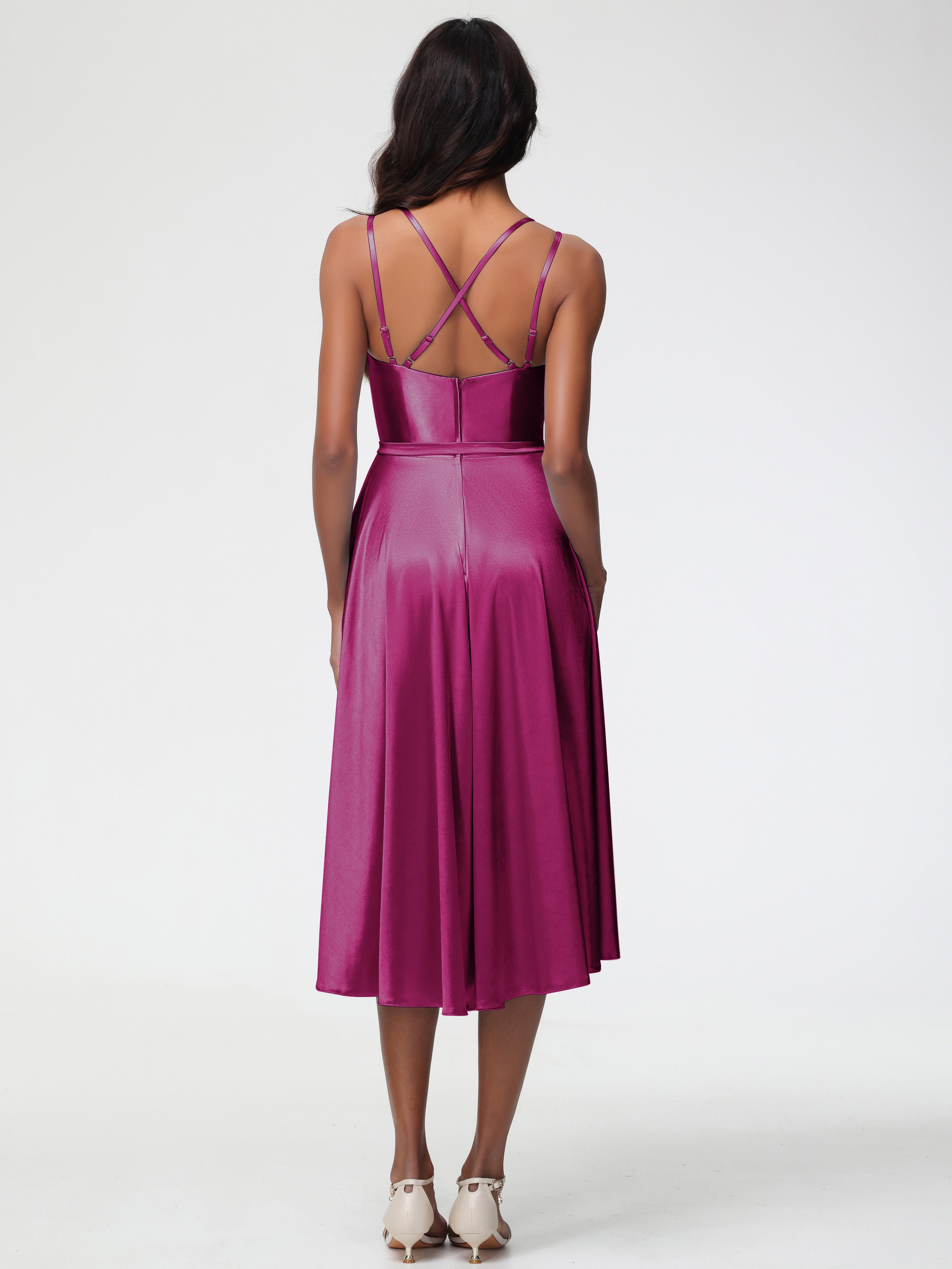 Robe Fuchsia Demoiselle D Honneur Col Rond Satin Extensible Robe Demoiselle D Honneur Asymétrique Courte