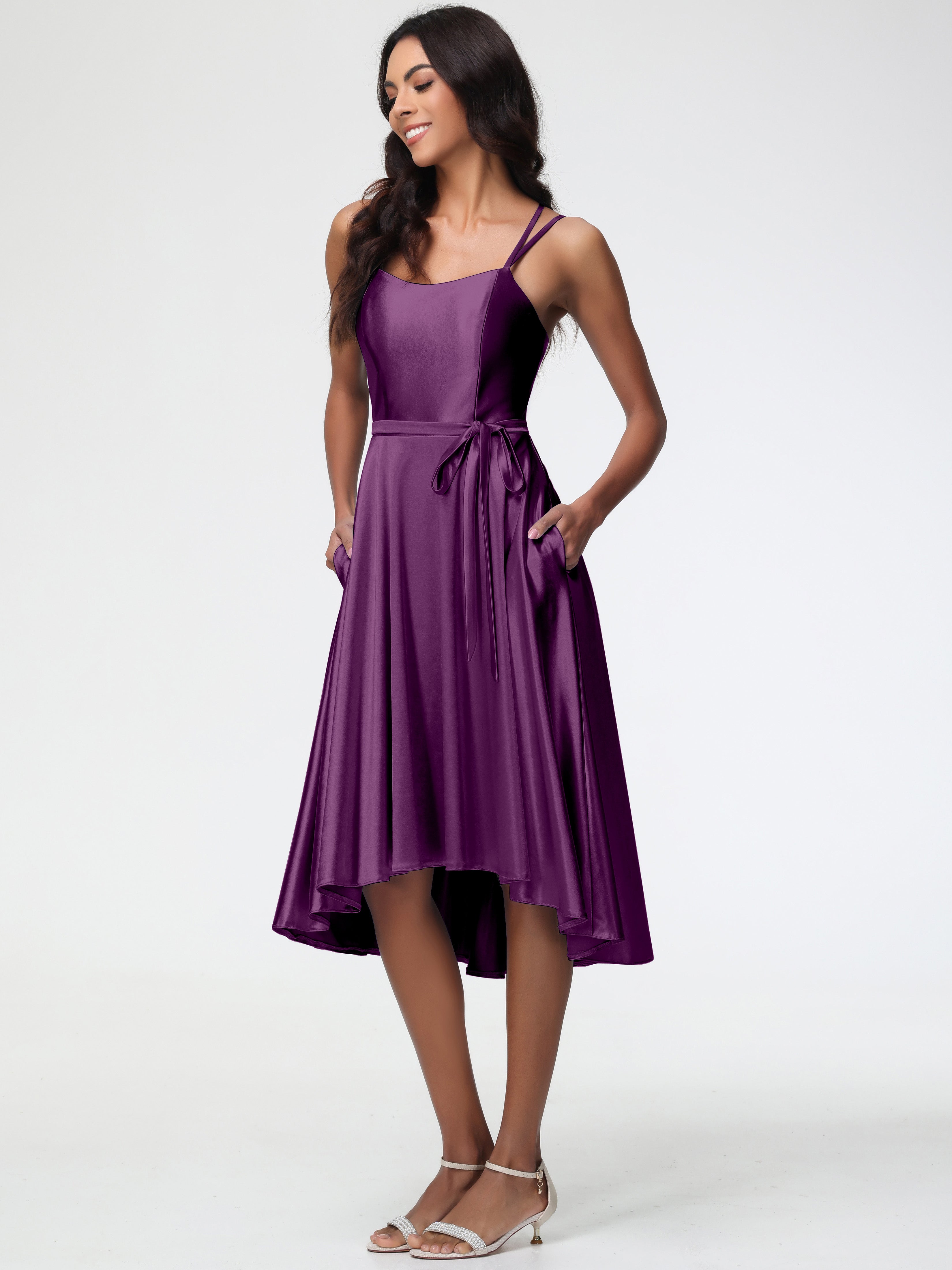 Robes De Demoiselle D'Honneur En Raisin Col Rond Satin Extensible Robe Demoiselle D Honneur Asymétrique Courte