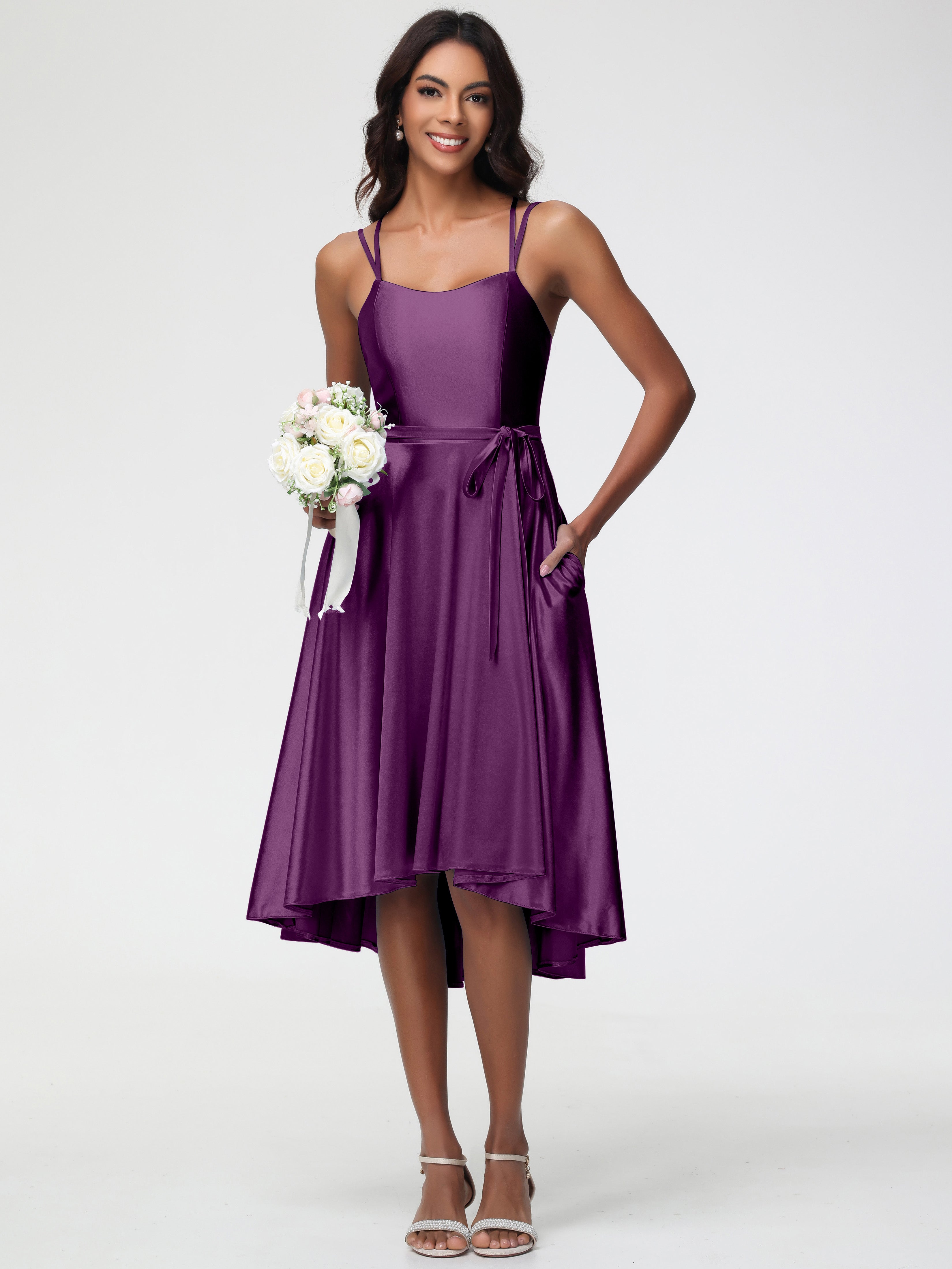 Robes De Demoiselle D'Honneur En Raisin Col Rond Satin Extensible Robe Demoiselle D Honneur Asymétrique Courte