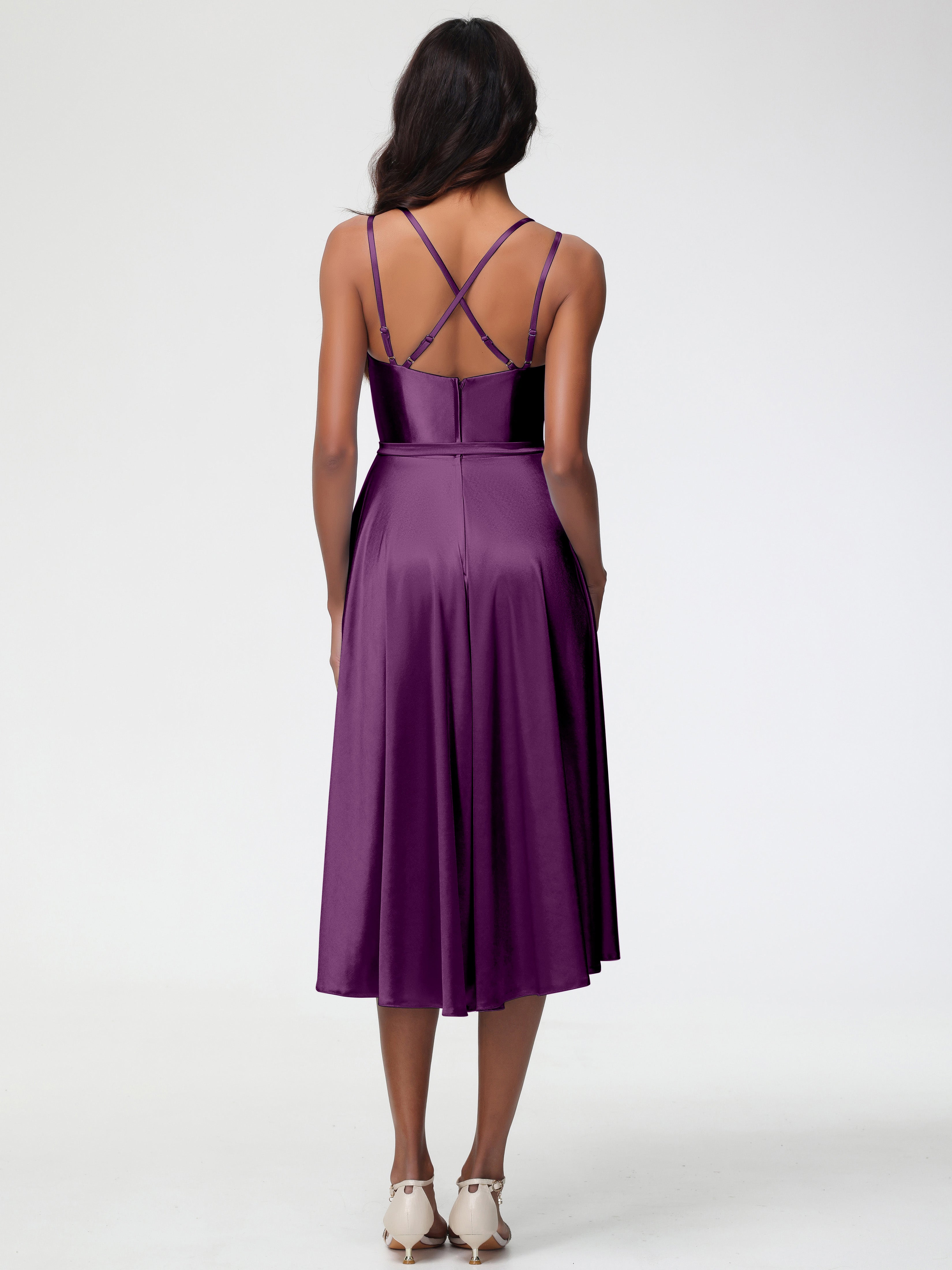 Robes De Demoiselle D'Honneur En Raisin Col Rond Satin Extensible Robe Demoiselle D Honneur Asymétrique Courte