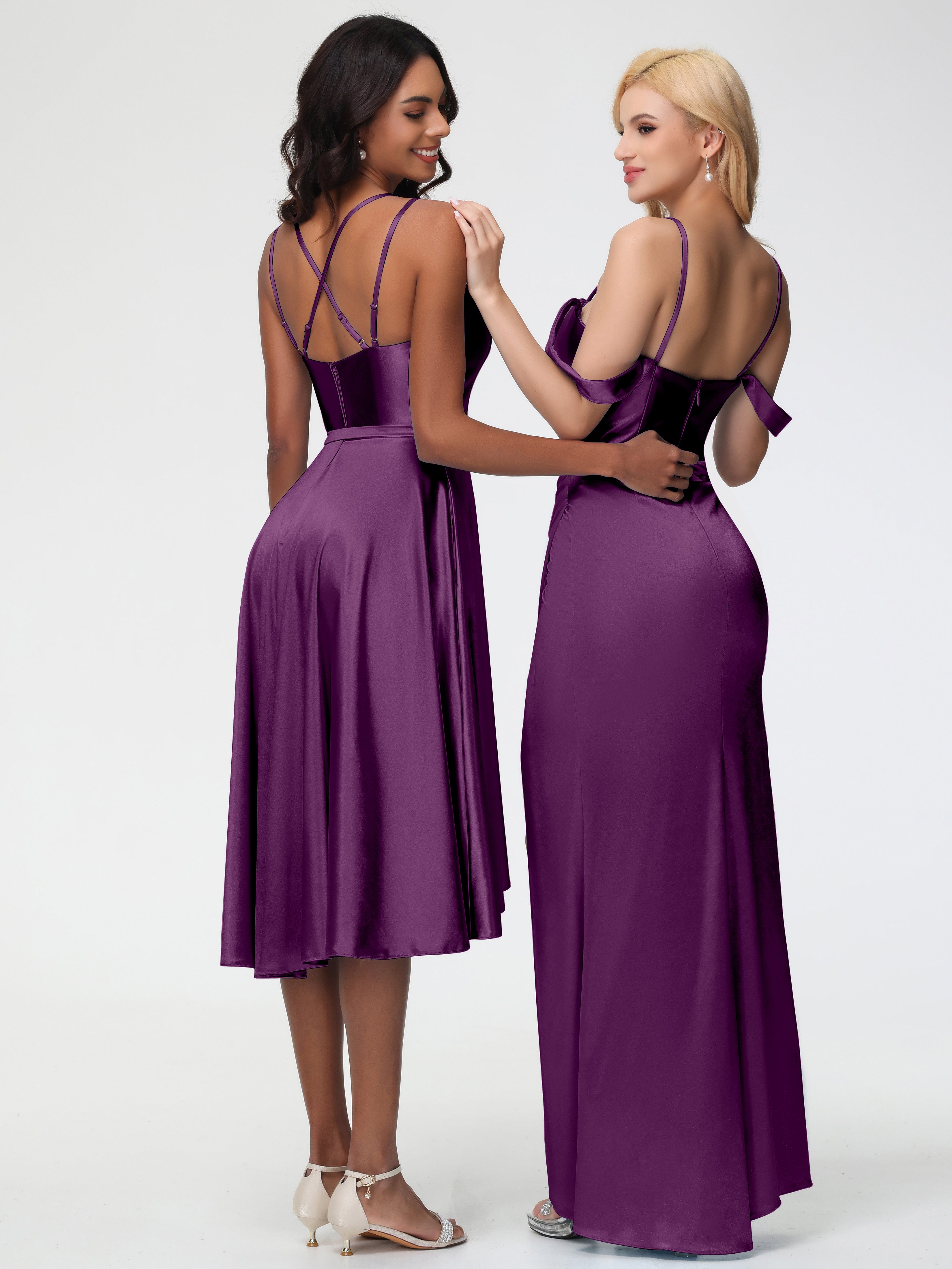 Robes De Demoiselle D'Honneur En Raisin Col Rond Satin Extensible Robe Demoiselle D Honneur Asymétrique Courte