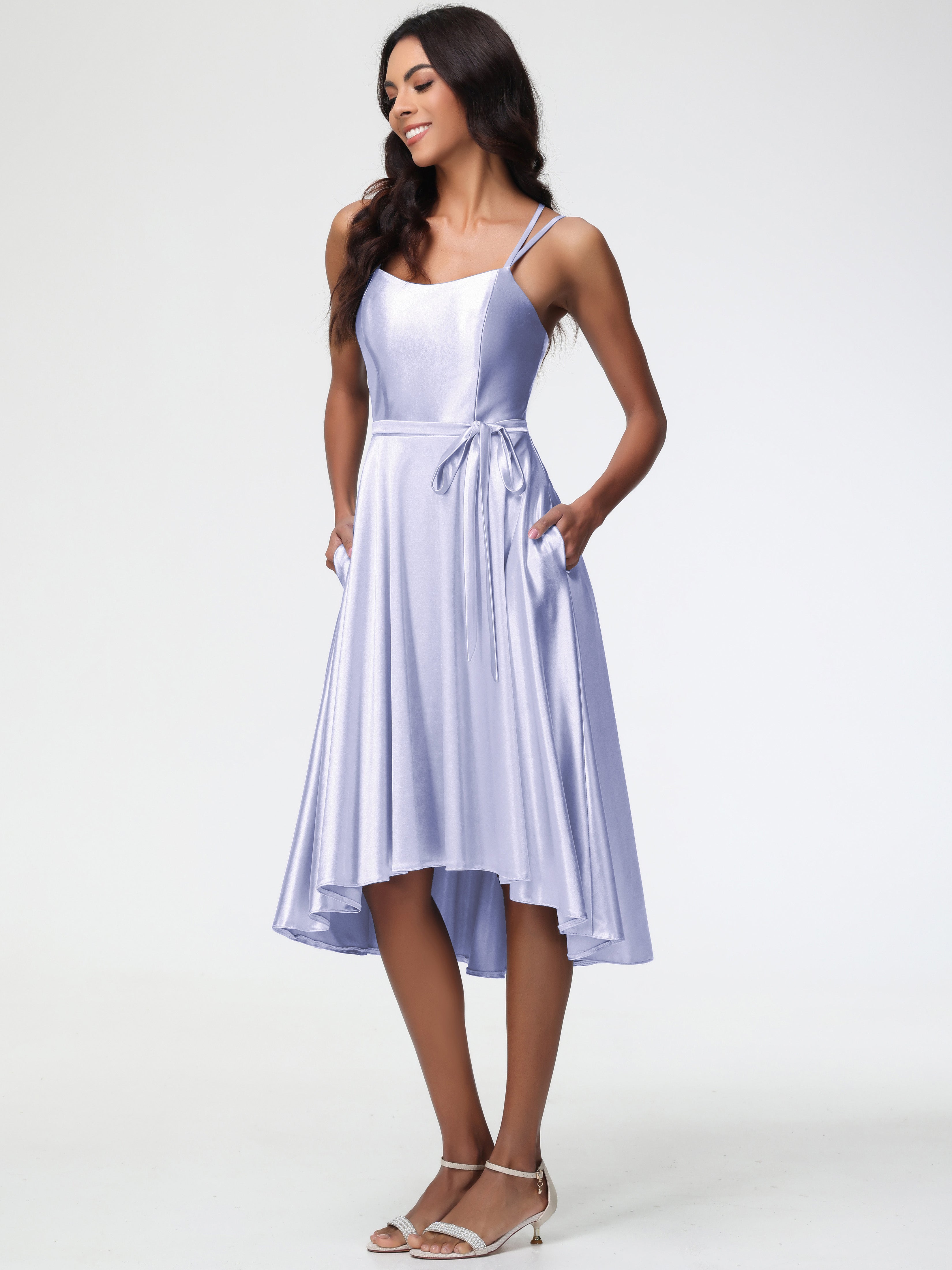 Robe Lavande Demoiselle D Honneur Col Rond Satin Extensible Robe Demoiselle D Honneur Asymétrique Courte