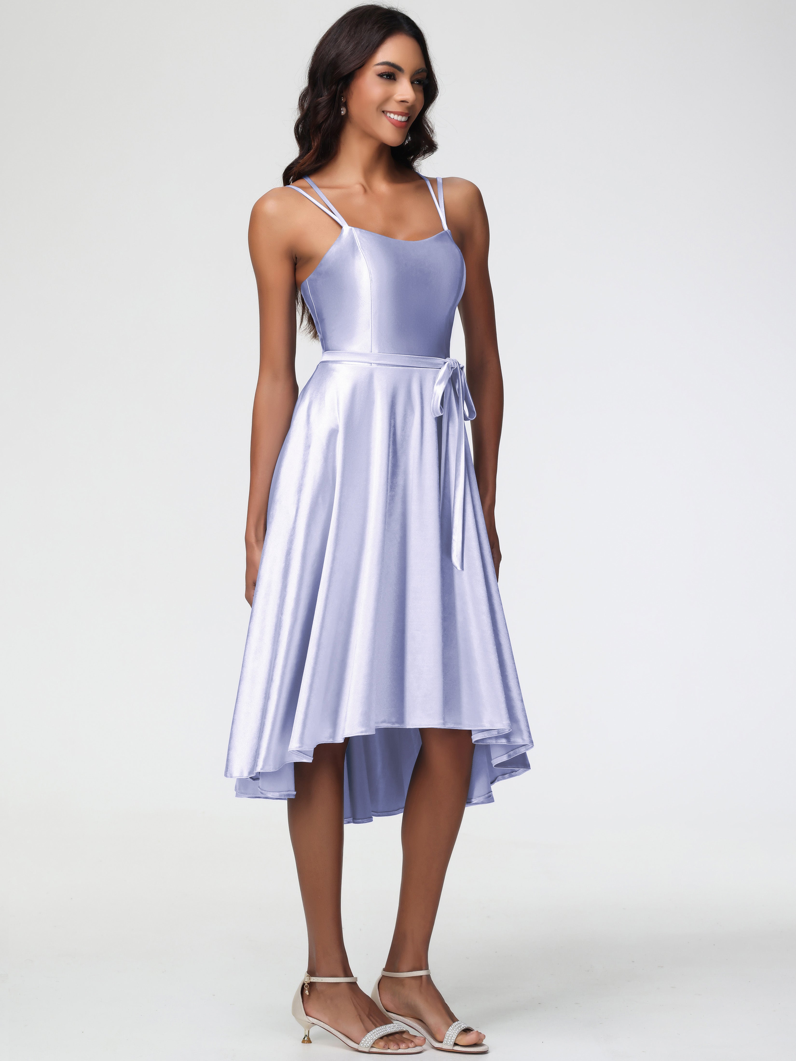 Robe Lavande Demoiselle D Honneur Col Rond Satin Extensible Robe Demoiselle D Honneur Asymétrique Courte