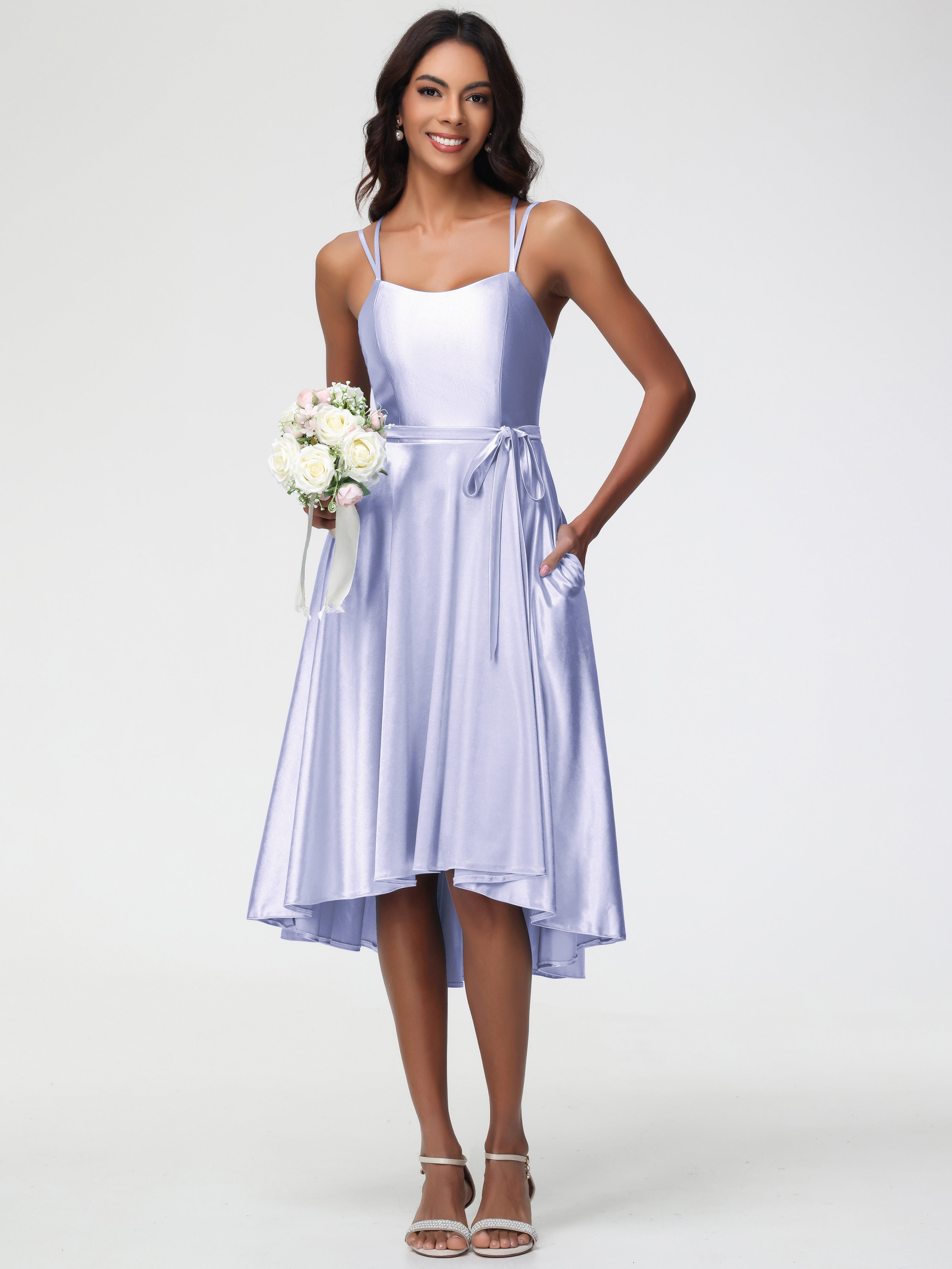 Robe Lavande Demoiselle D Honneur Col Rond Satin Extensible Robe Demoiselle D Honneur Asymétrique Courte