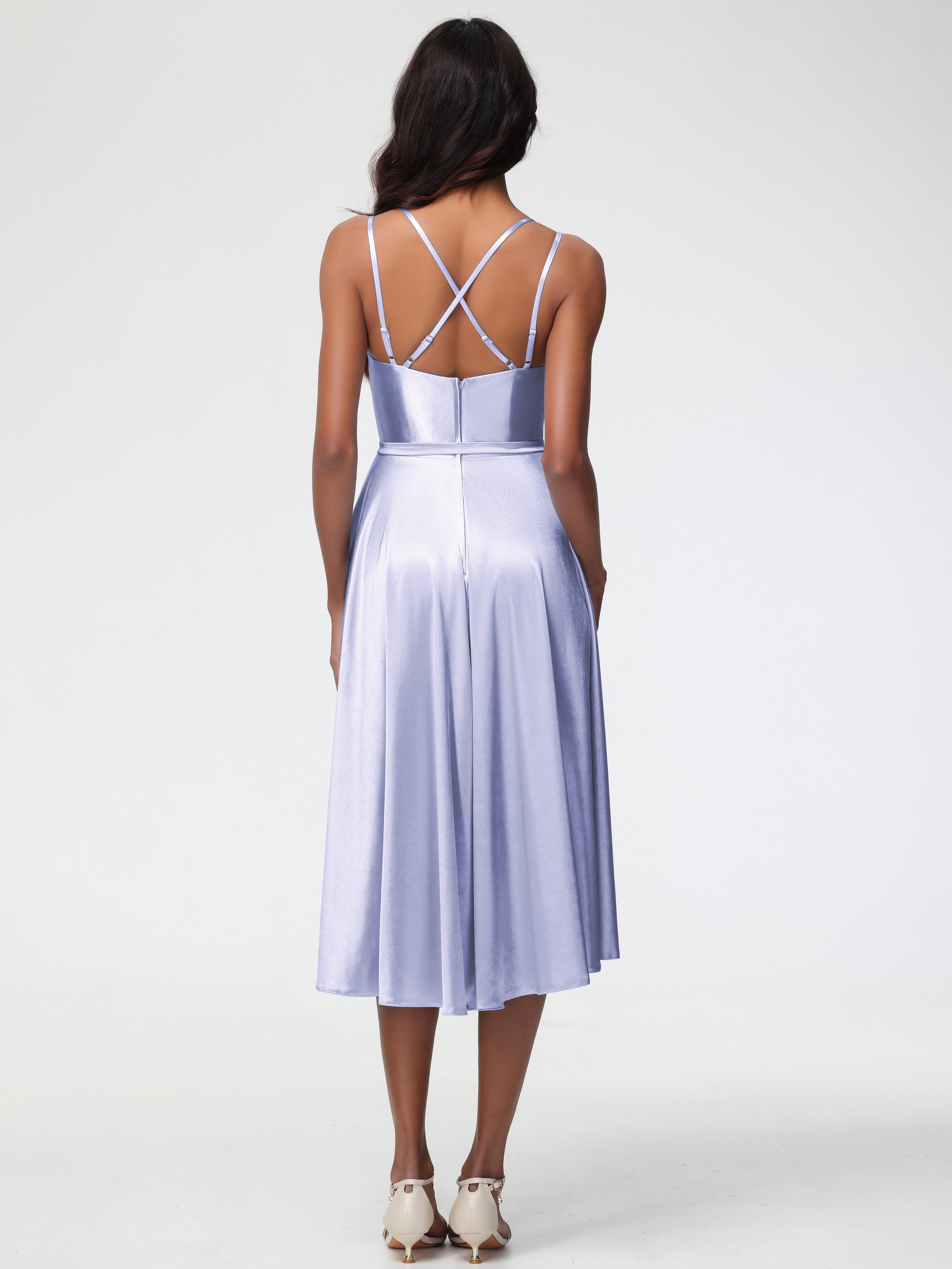 Robe Lavande Demoiselle D Honneur Col Rond Satin Extensible Robe Demoiselle D Honneur Asymétrique Courte