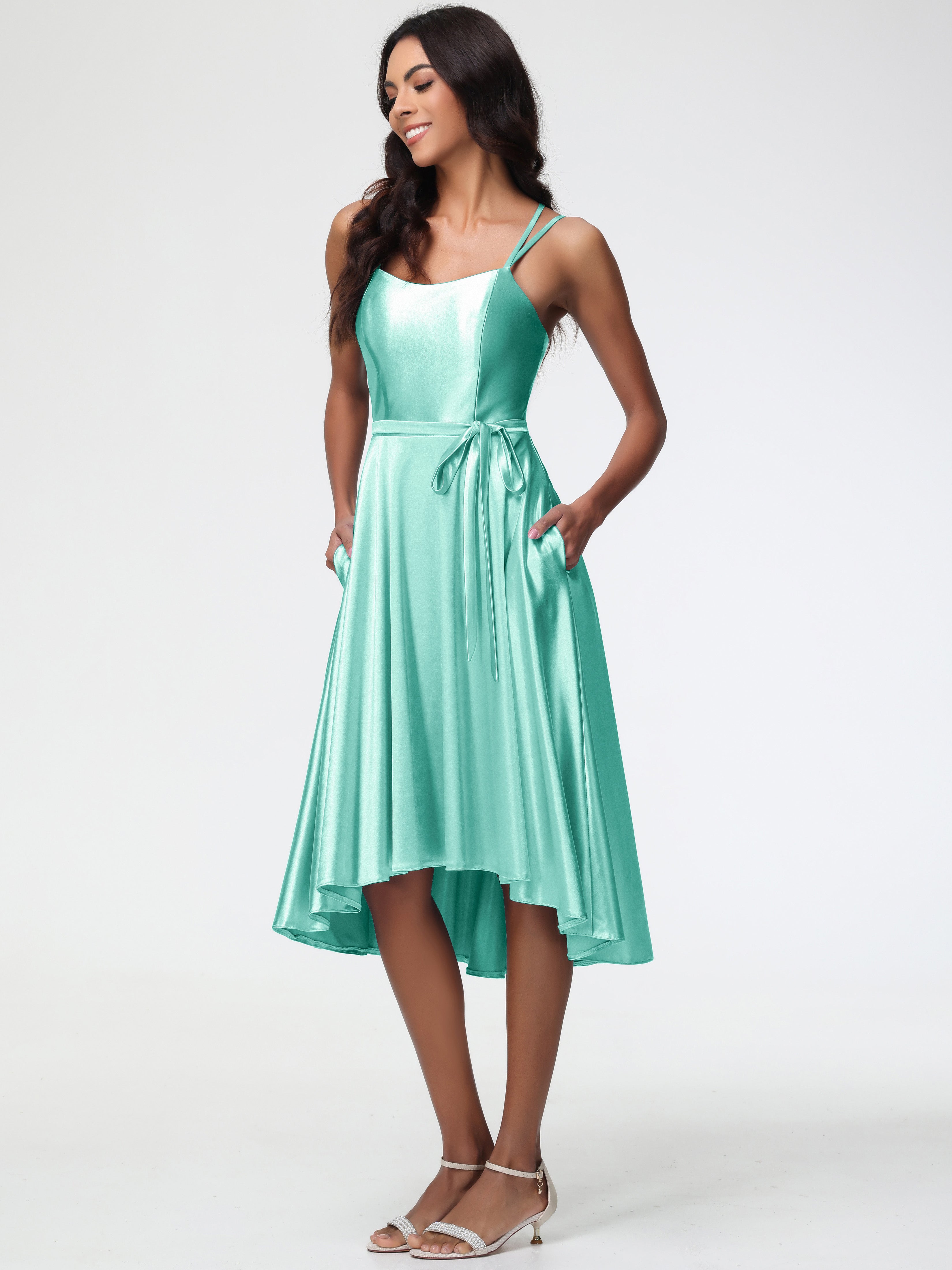 Robe Vert Menthe Demoiselle D Honneur Col Rond Satin Extensible Robe Demoiselle D Honneur Asymétrique Courte