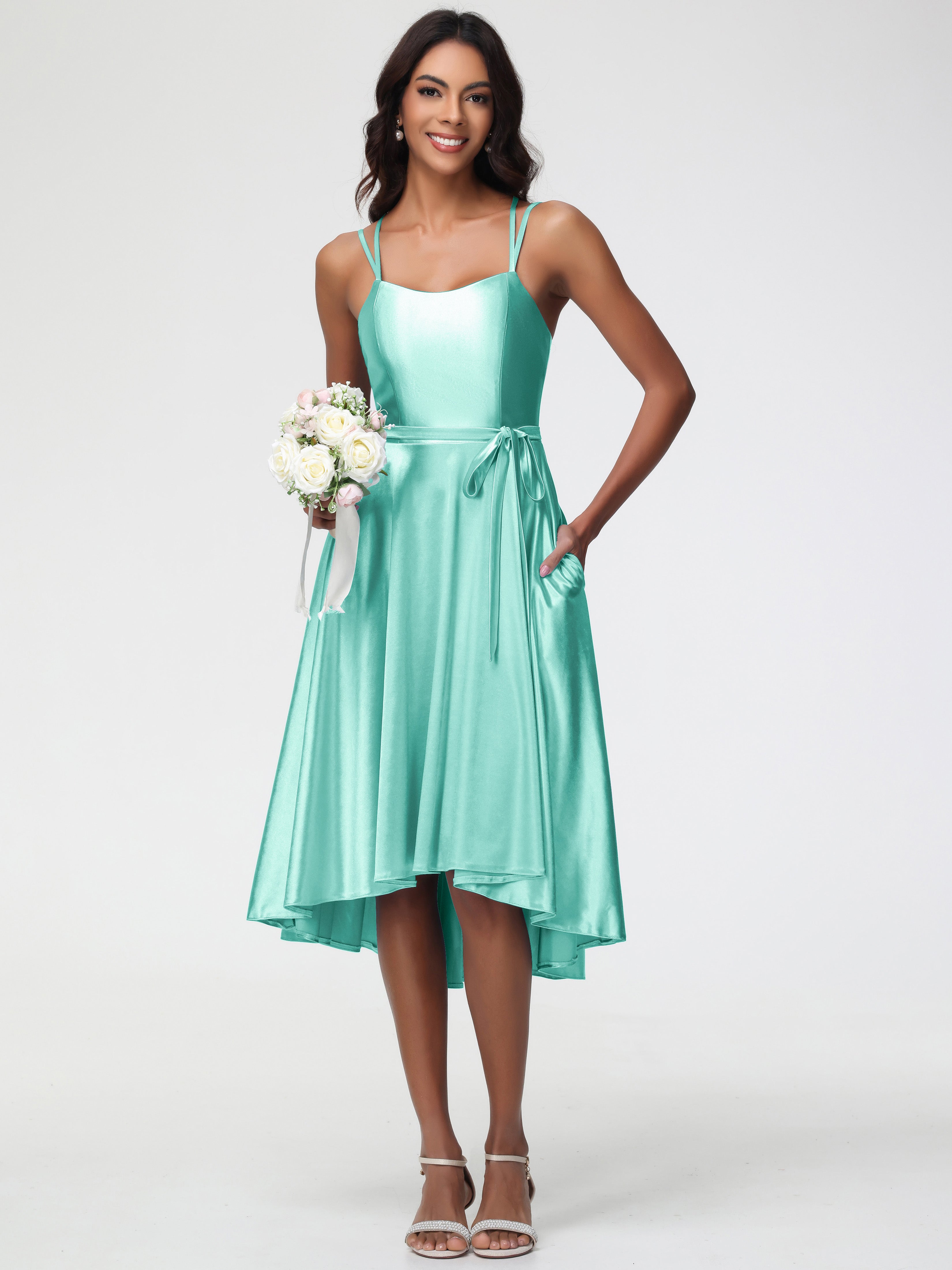 Robe Vert Menthe Demoiselle D Honneur Col Rond Satin Extensible Robe Demoiselle D Honneur Asymétrique Courte