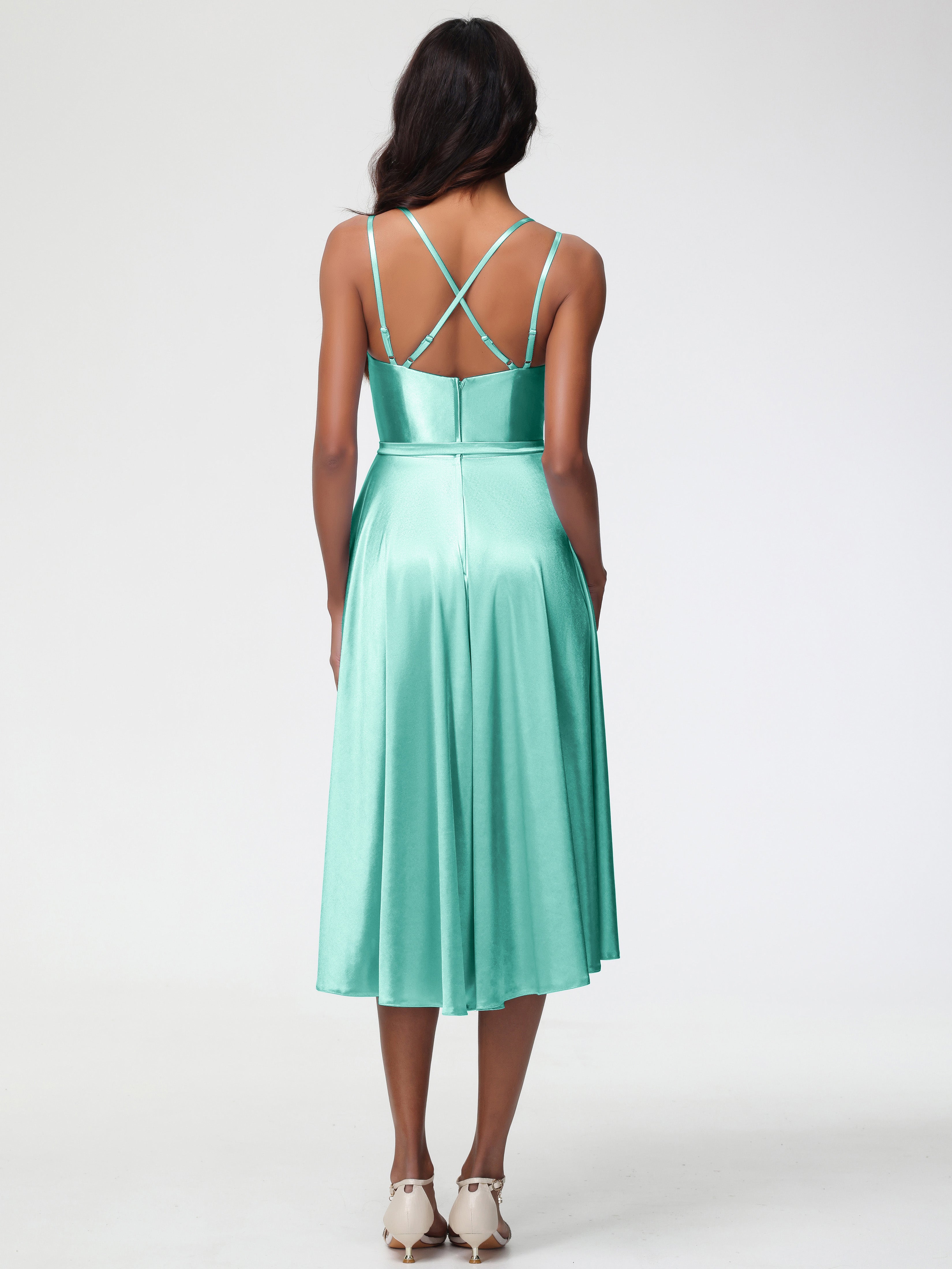 Robe Vert Menthe Demoiselle D Honneur Col Rond Satin Extensible Robe Demoiselle D Honneur Asymétrique Courte