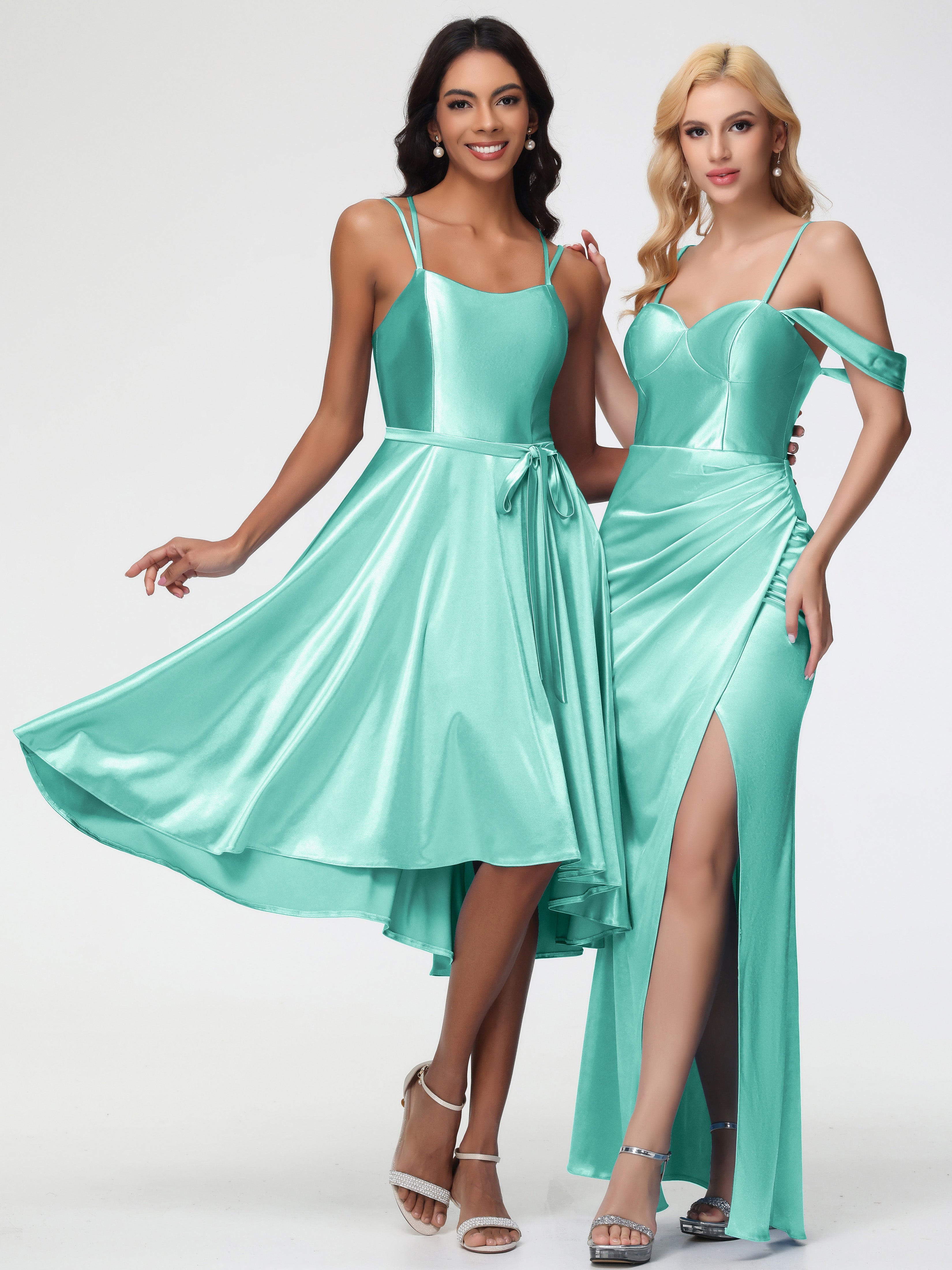 Robe Vert Menthe Demoiselle D Honneur Col Rond Satin Extensible Robe Demoiselle D Honneur Asymétrique Courte