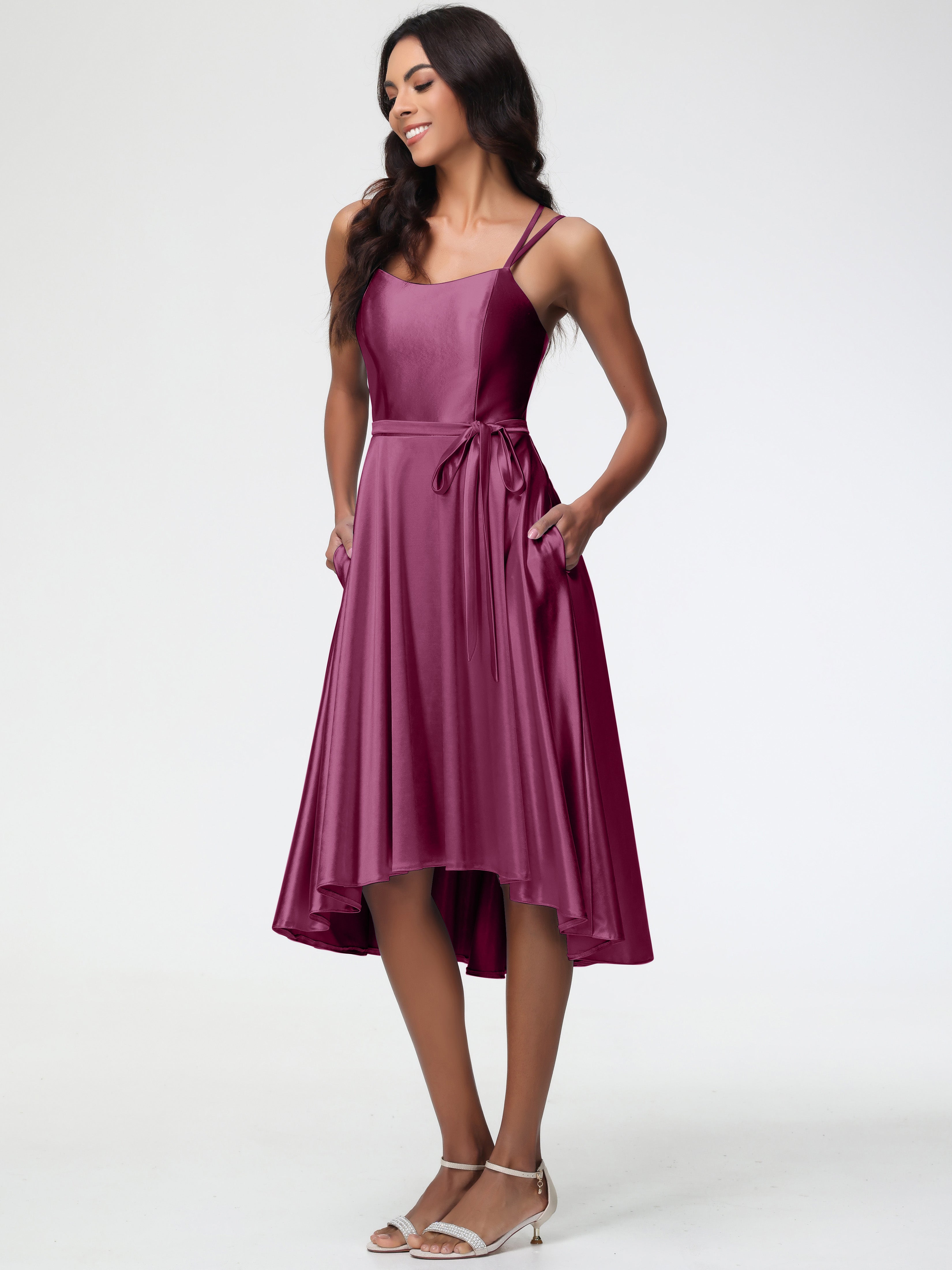 Robes De Demoiselle D'Honneur Mure Col Rond Satin Extensible Robe Demoiselle D Honneur Asymétrique Courte