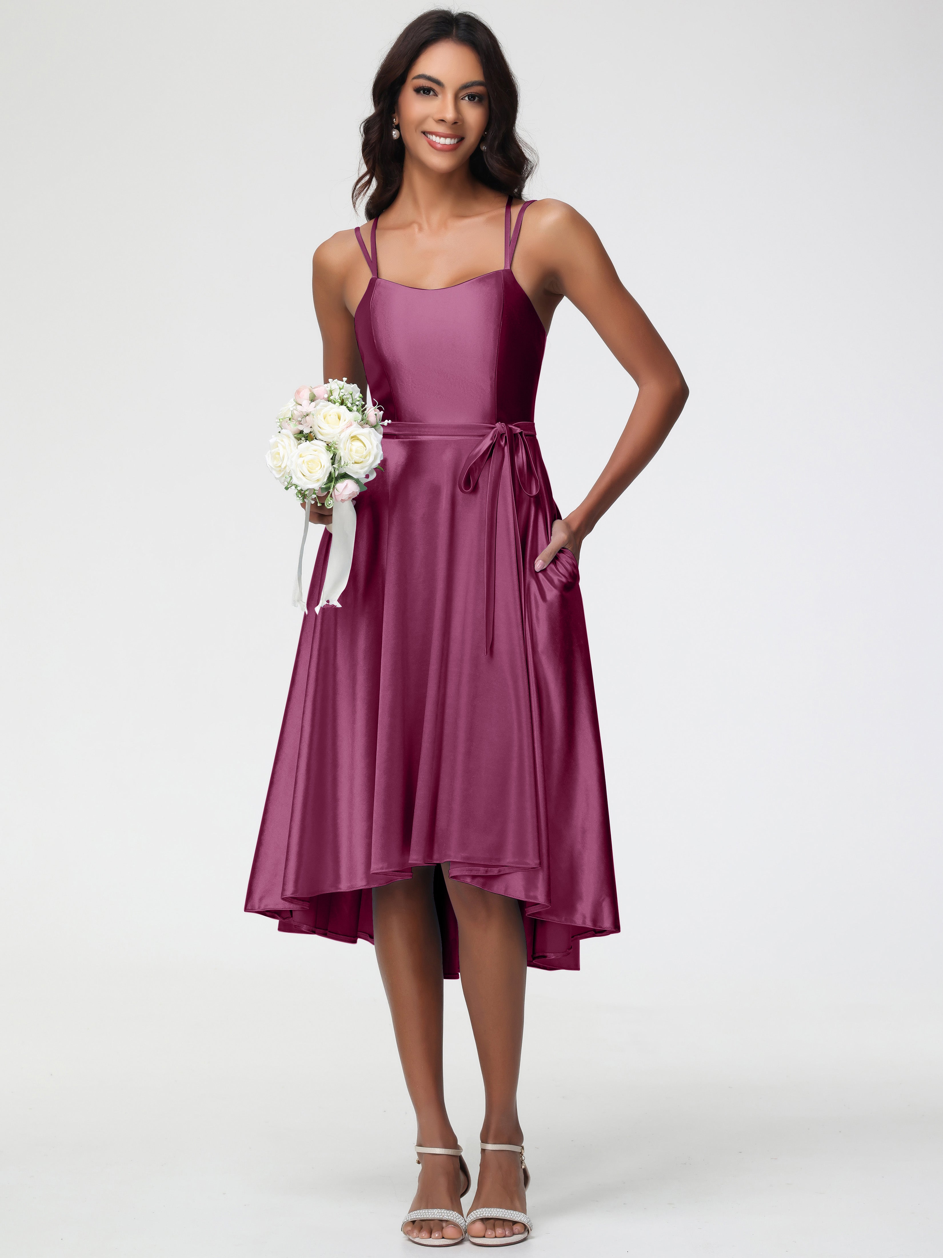 Robes De Demoiselle D'Honneur Mure Col Rond Satin Extensible Robe Demoiselle D Honneur Asymétrique Courte
