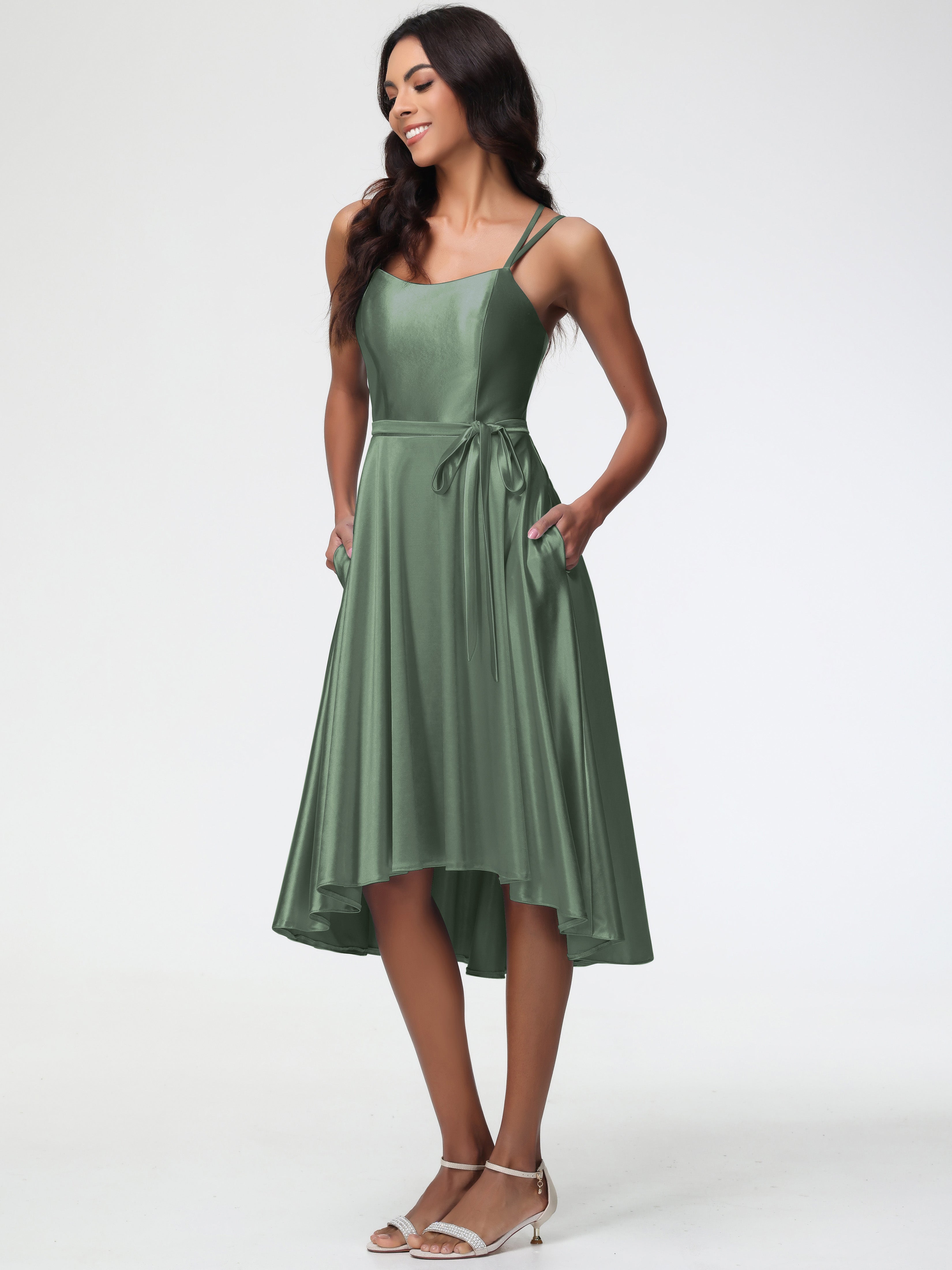 Demoiselle D Honneur Vert Olive Col Rond Satin Extensible Robe Demoiselle D Honneur Asymétrique Courte
