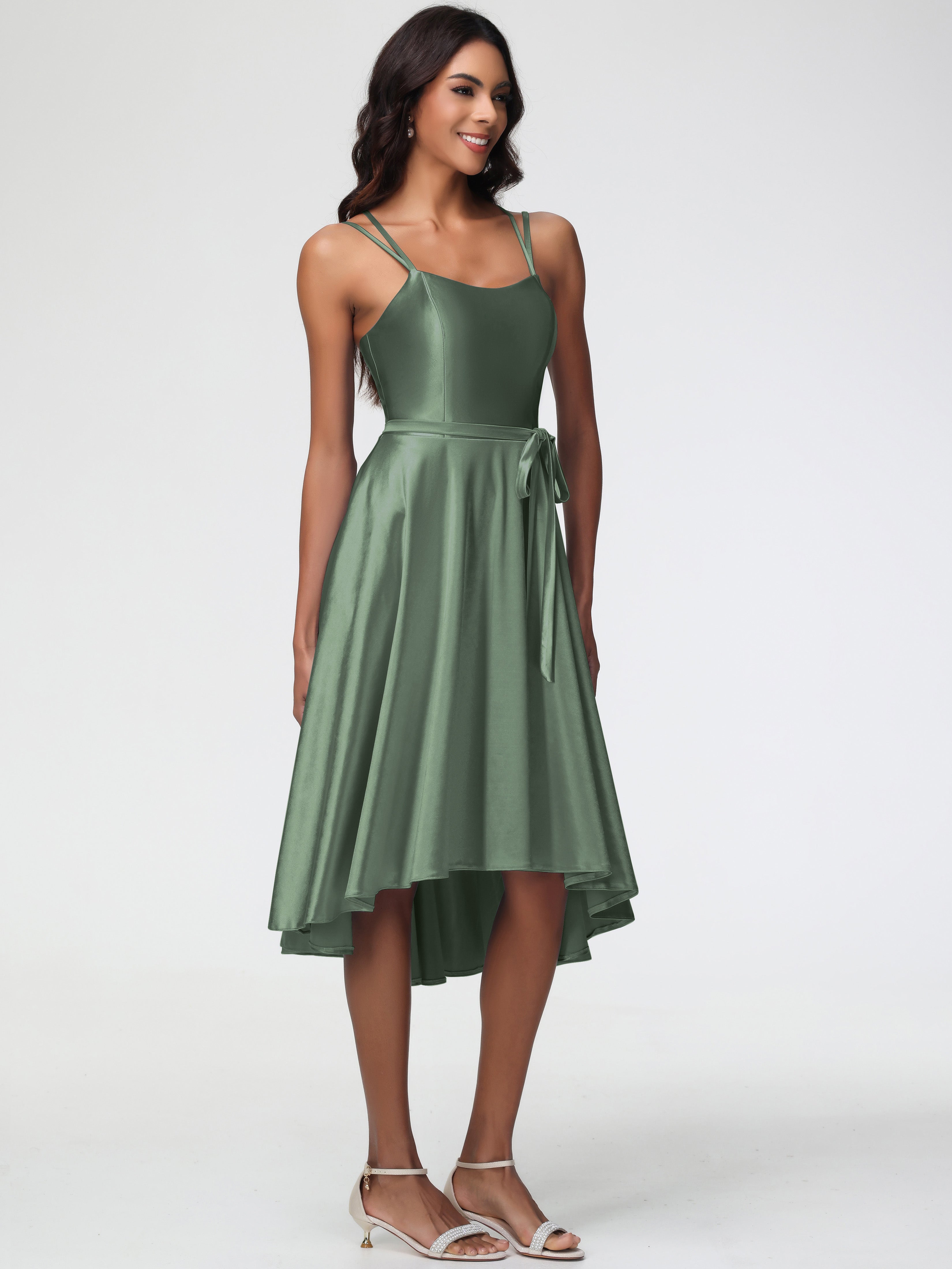 Demoiselle D Honneur Vert Olive Col Rond Satin Extensible Robe Demoiselle D Honneur Asymétrique Courte