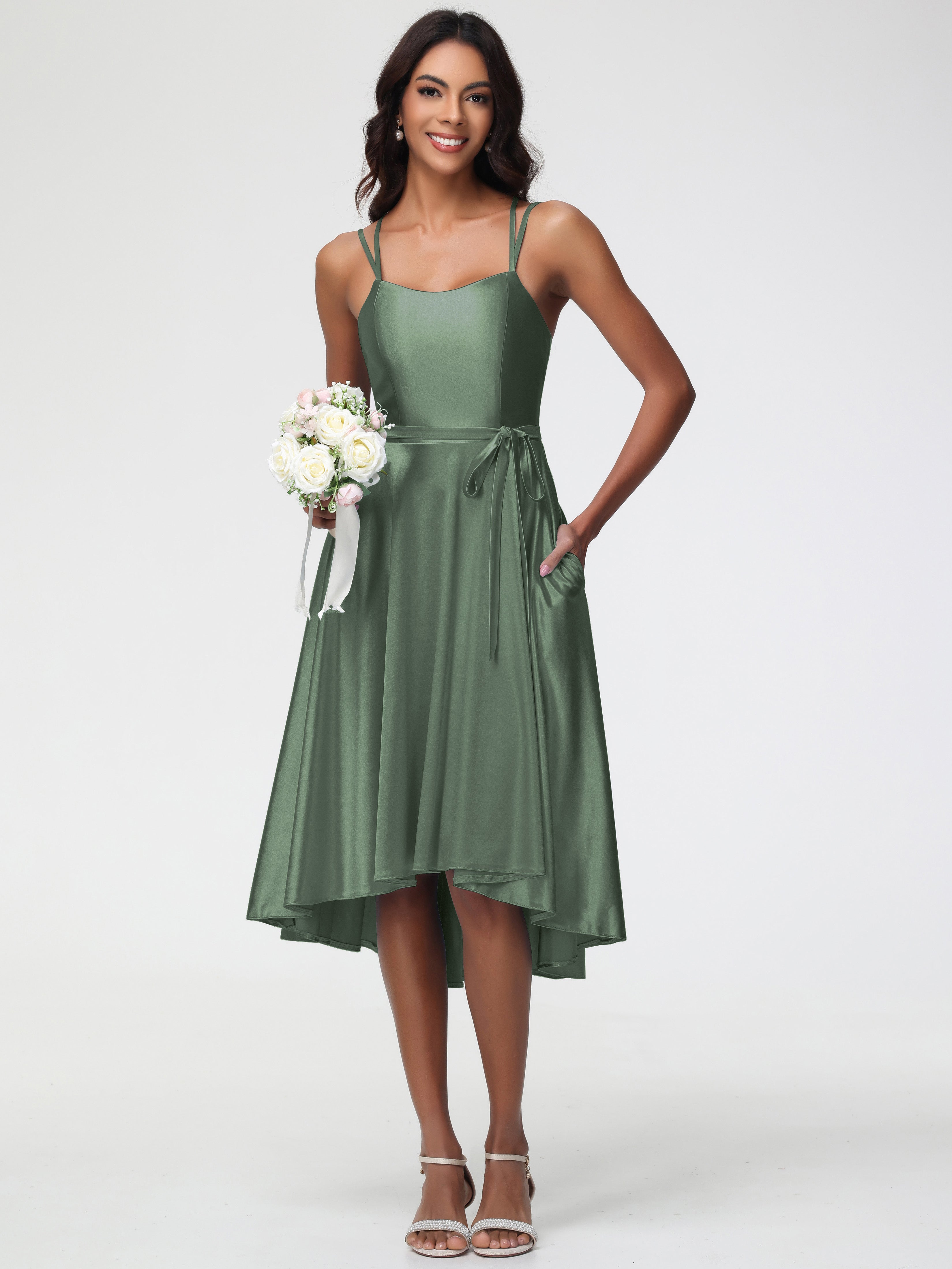 Demoiselle D Honneur Vert Olive Col Rond Satin Extensible Robe Demoiselle D Honneur Asymétrique Courte