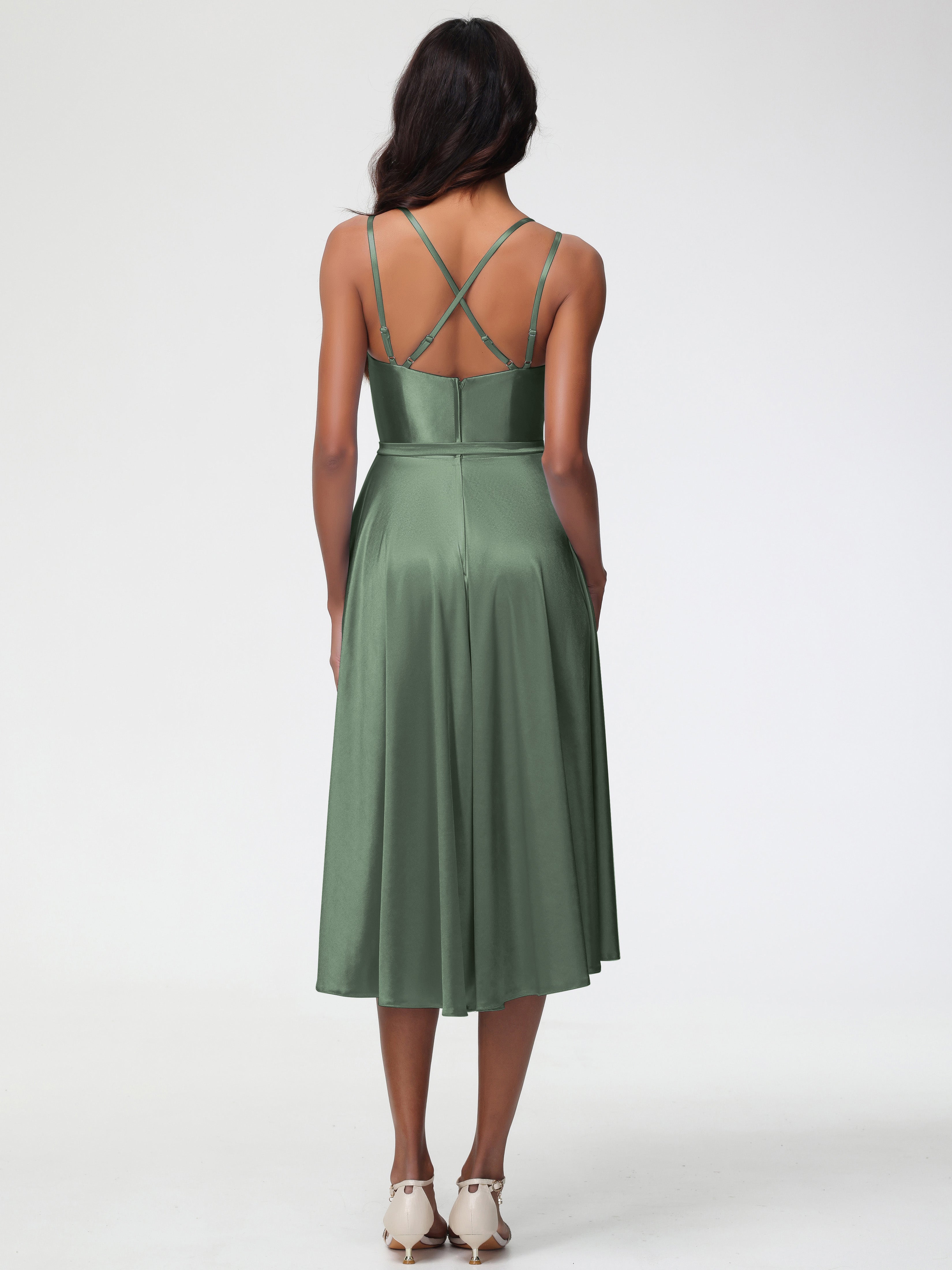 Demoiselle D Honneur Vert Olive Col Rond Satin Extensible Robe Demoiselle D Honneur Asymétrique Courte