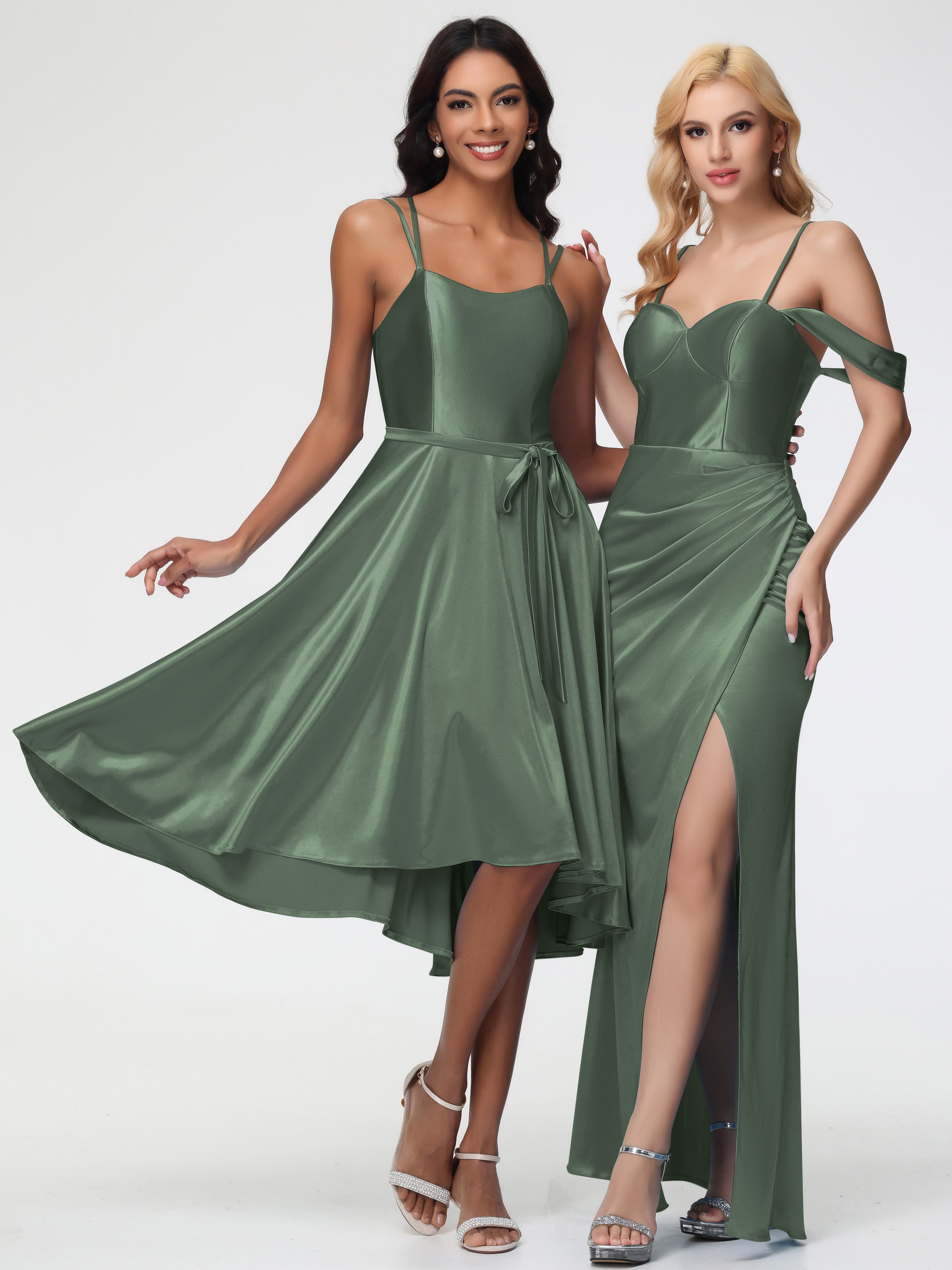 Demoiselle D Honneur Vert Olive Col Rond Satin Extensible Robe Demoiselle D Honneur Asymétrique Courte