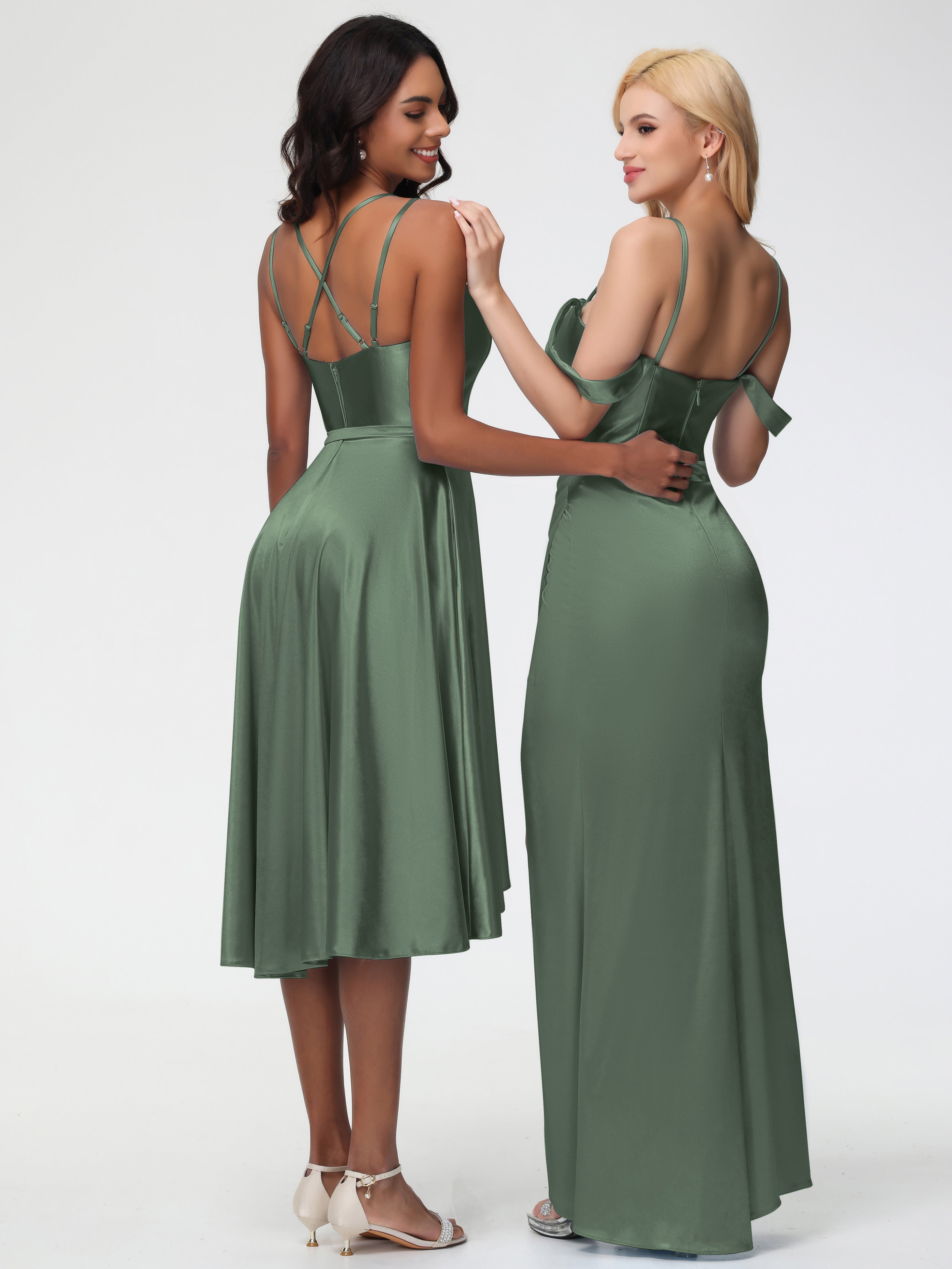 Demoiselle D Honneur Vert Olive Col Rond Satin Extensible Robe Demoiselle D Honneur Asymétrique Courte