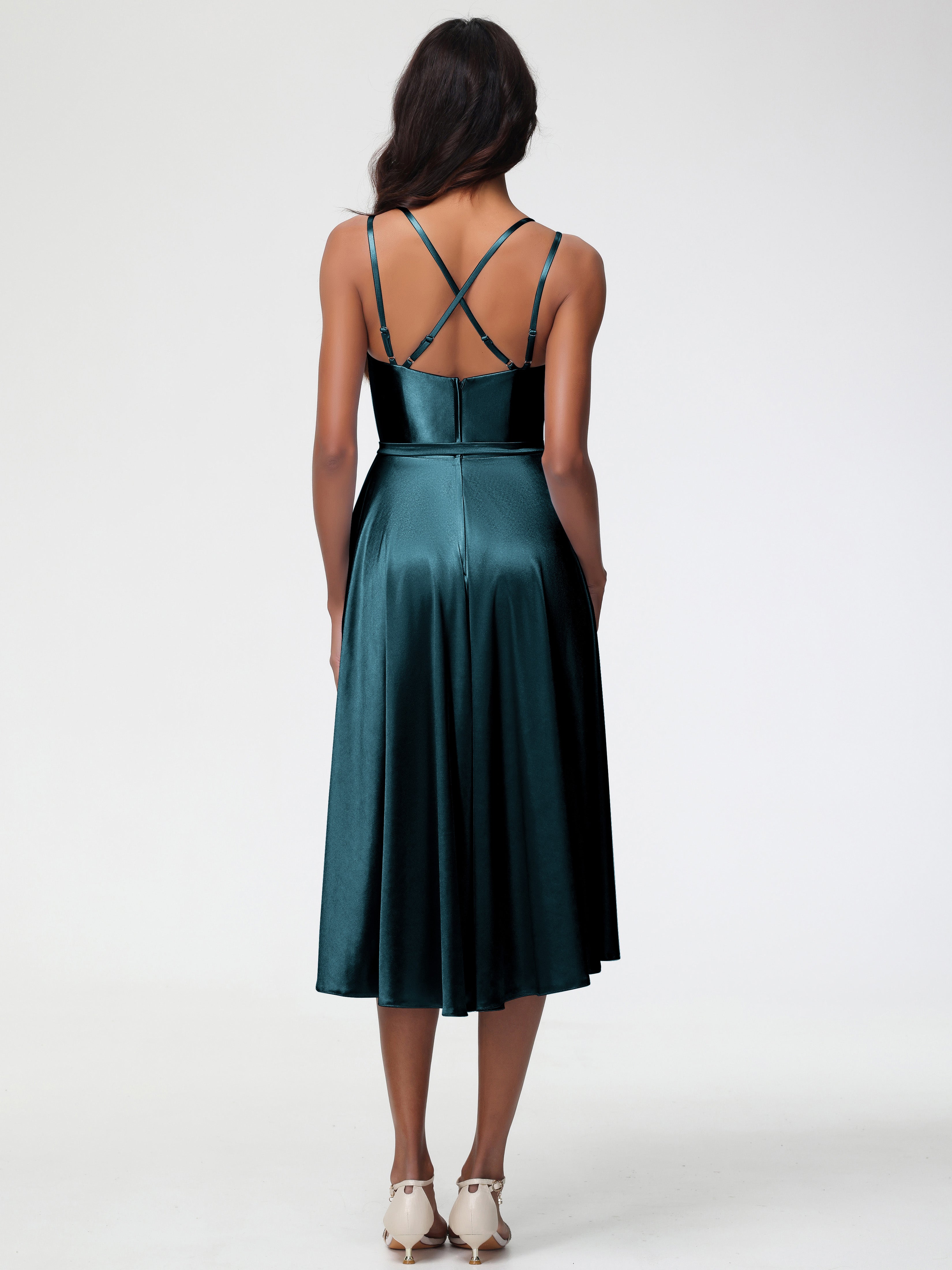 Robes De Demoiselle D'Honneur Couleur Paon Bon Marché Col Rond Satin Extensible Robe Demoiselle D Honneur Asymétrique Courte