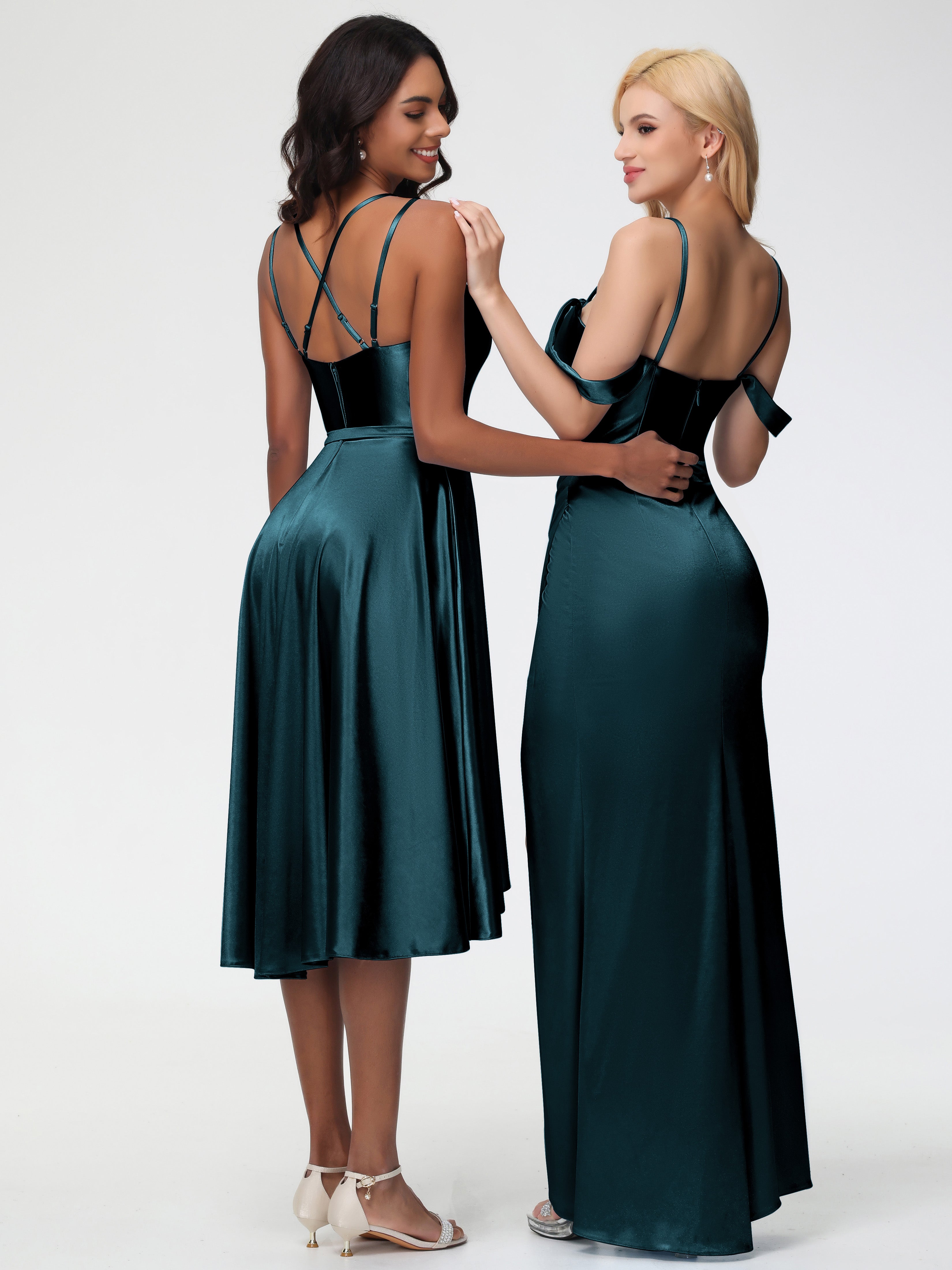 Robes De Demoiselle D'Honneur Couleur Paon Bon Marché Col Rond Satin Extensible Robe Demoiselle D Honneur Asymétrique Courte